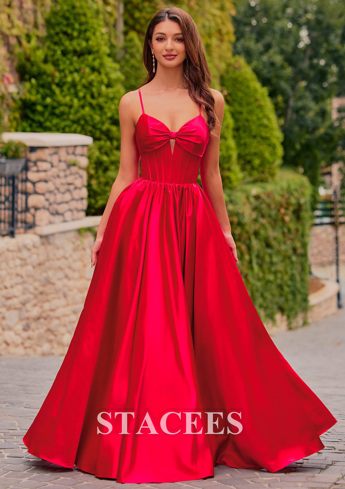 Red A-line Bow Corset Satin Floor-Length Ruched Prom Dress with Lace-Up Back - STACEES