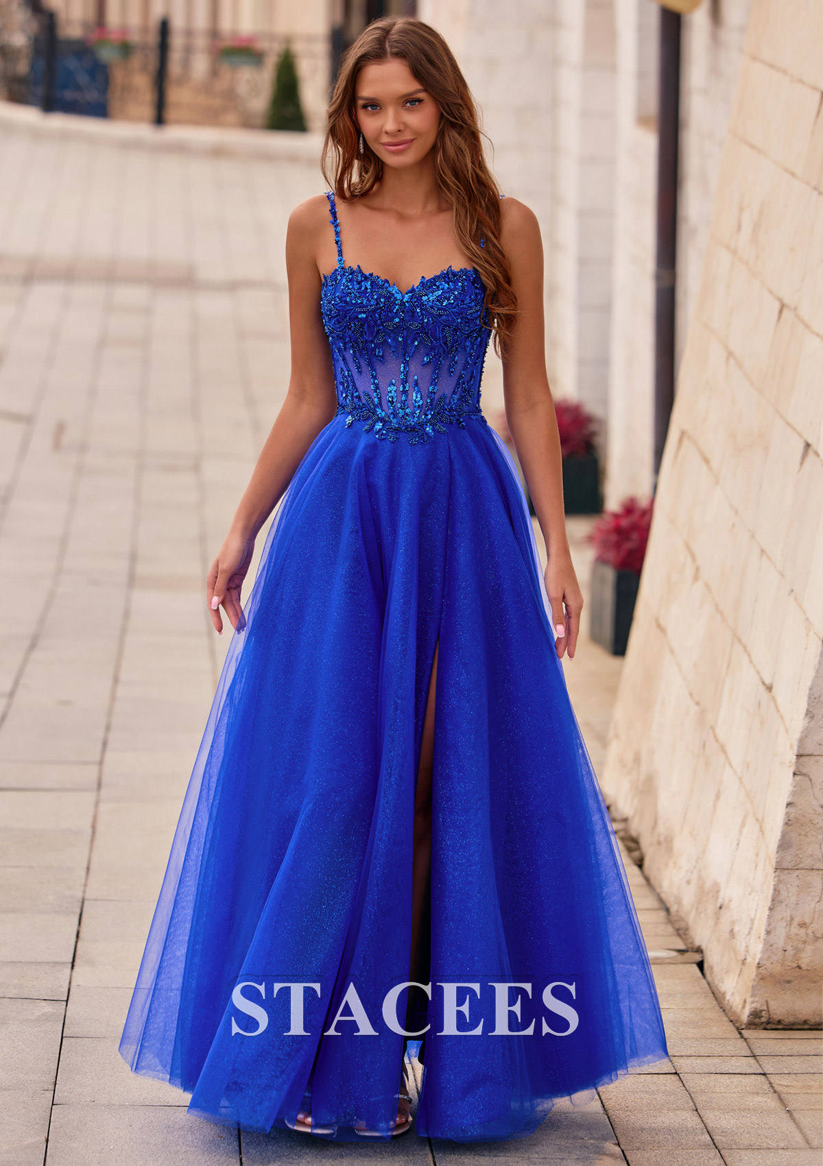 Royal Blue A-line Beading Sequins Illusion Corset Glitter Tulle Prom Dress with High Slit - STACEES