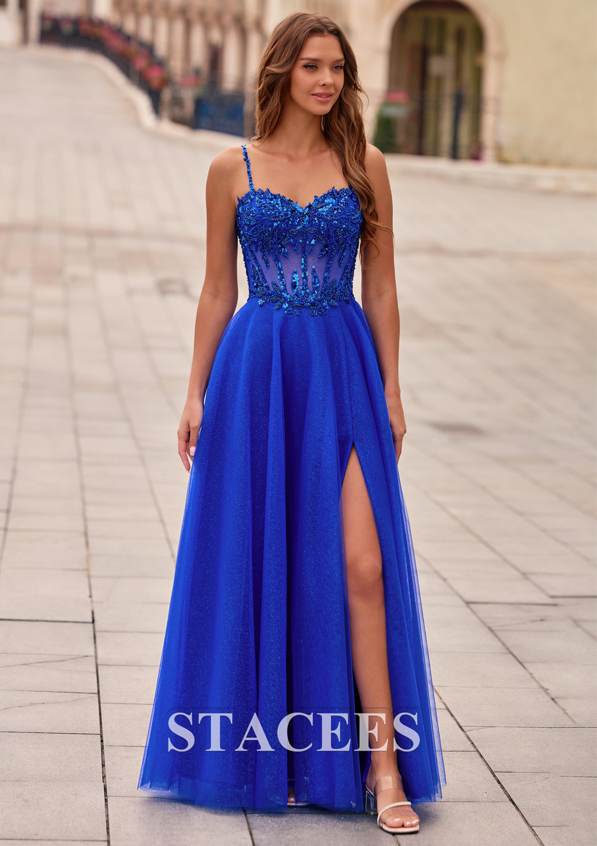 Royal Blue A-line Beading Sequins Illusion Corset Glitter Tulle Prom Dress with High Slit - STACEES