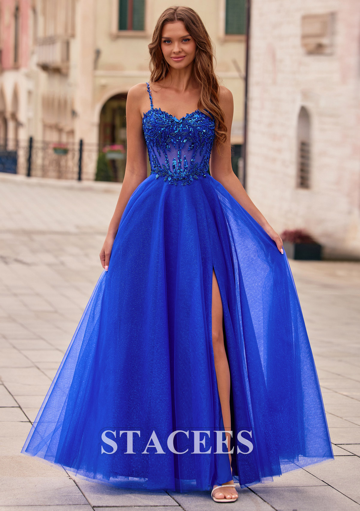 Royal Blue A-line Beading Sequins Illusion Corset Glitter Tulle Prom Dress with High Slit - STACEES