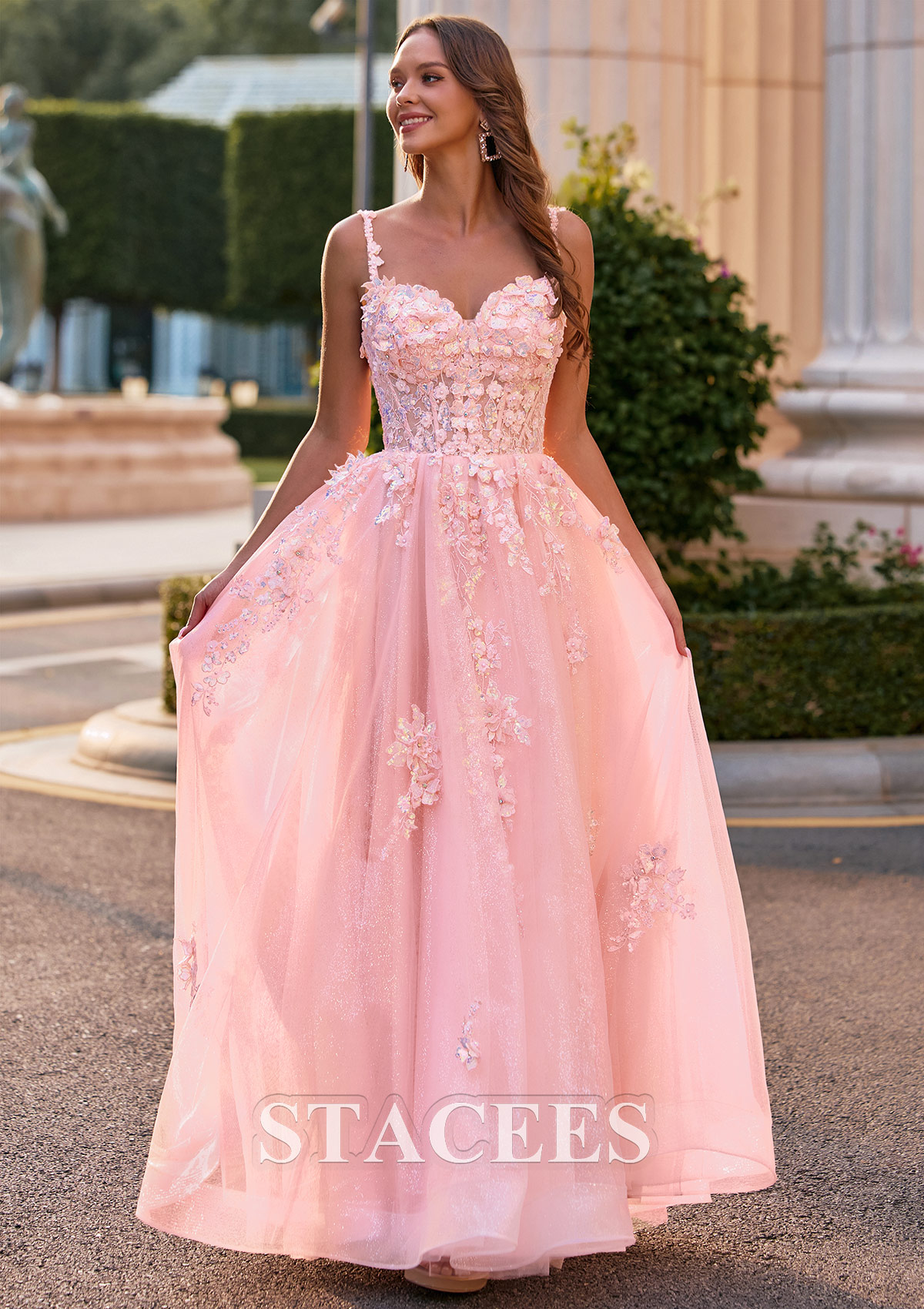 Rose Rougissant Trapèze cache coeur tulle longueur ras du sol robe de bal avec broderie fleurs - STACEES