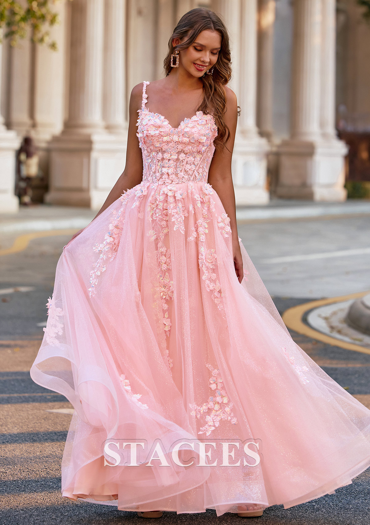 Rose Rougissant Trapèze cache coeur tulle longueur ras du sol robe de bal avec broderie fleurs - STACEES