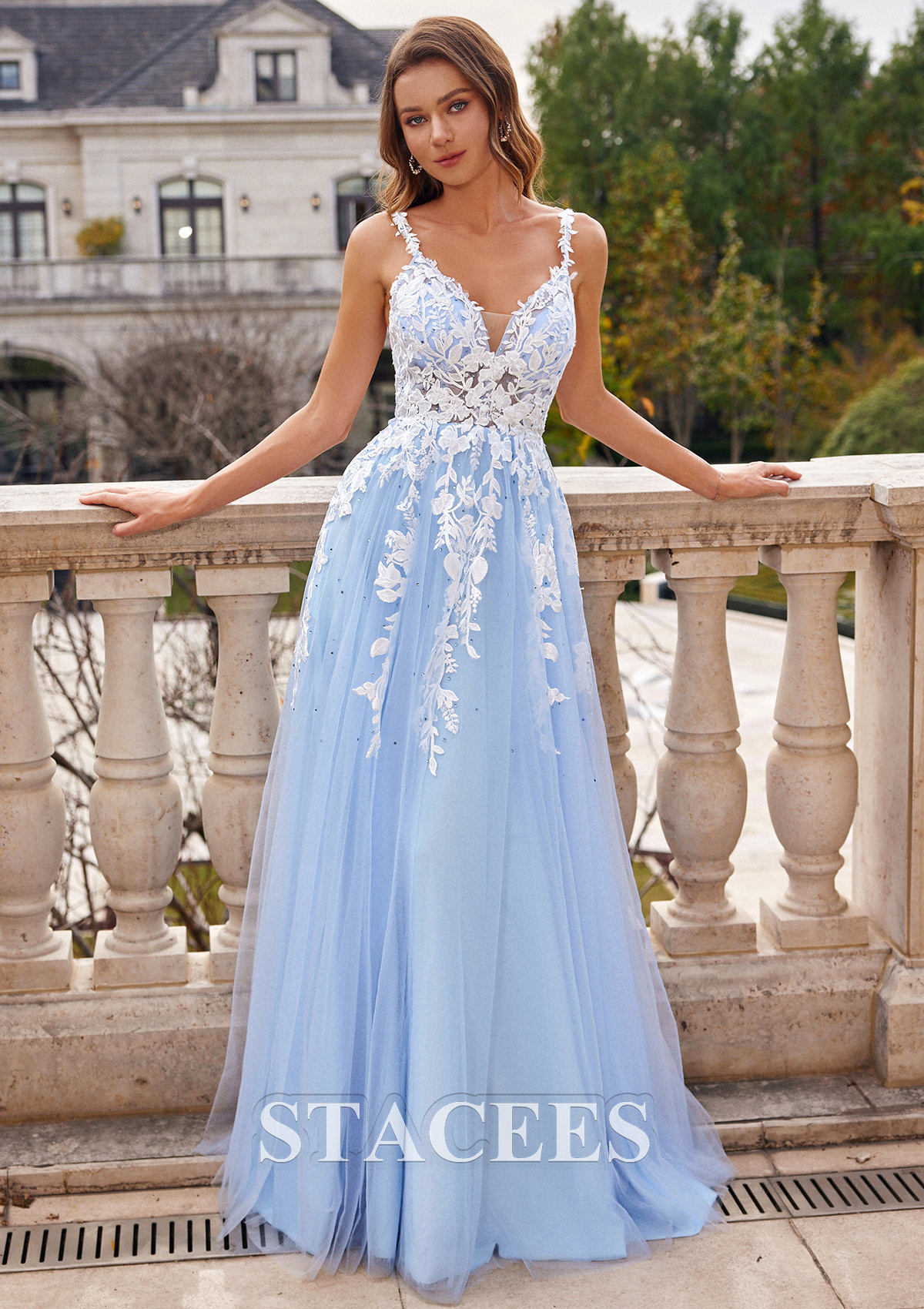 Sky Blue A-line V Neck Floor-Length Tulle Prom Dress with Beading Lace - STACEES