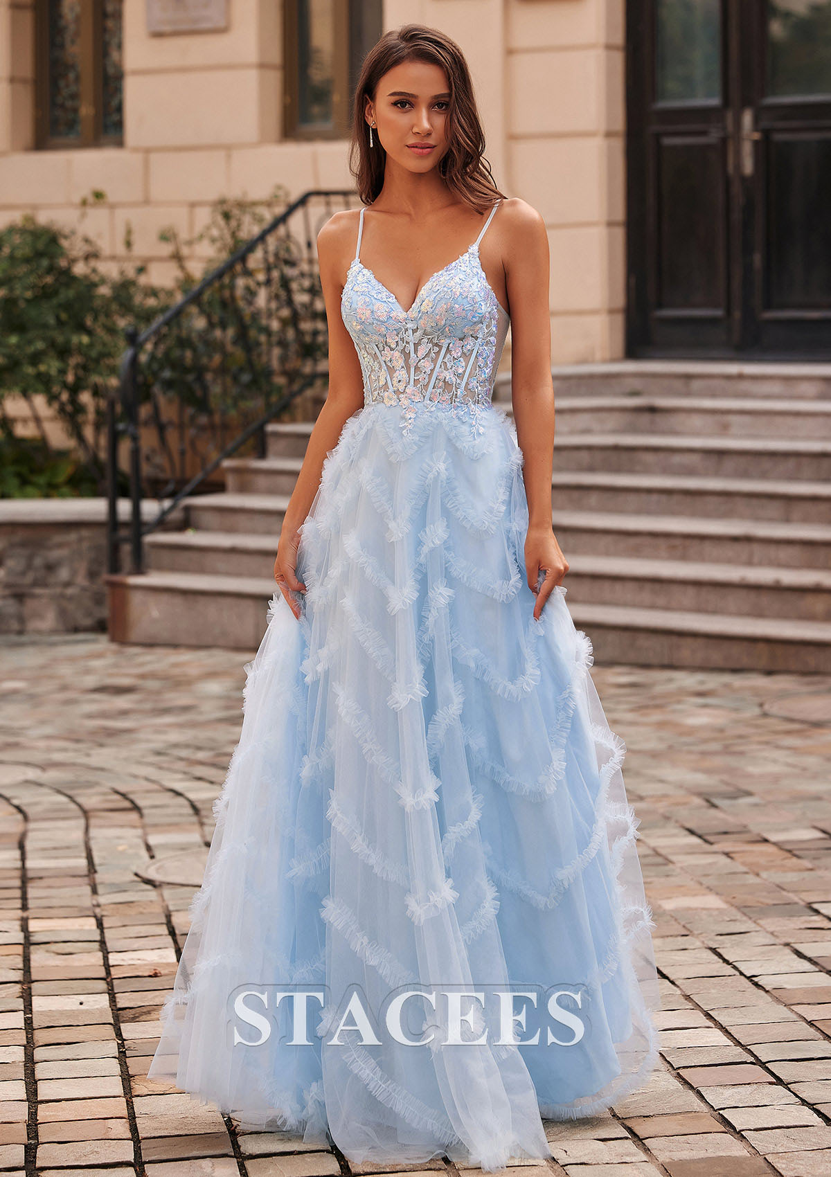 Sky Blue A-line V Neck Sequins Sheer Corset Bodice Ruffled Tulle Floor-Length Prom Dress - STACEES