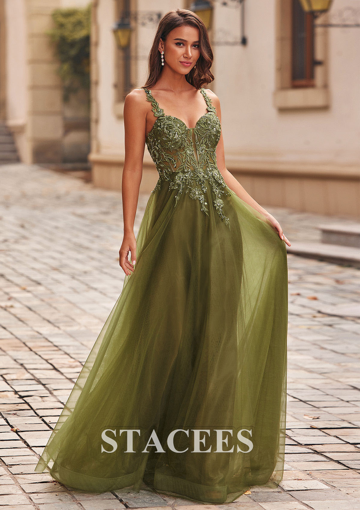 Celadon A-line V Neck Tulle Floor-Length Prom Dress with Appliqued Beading Sequins - STACEES