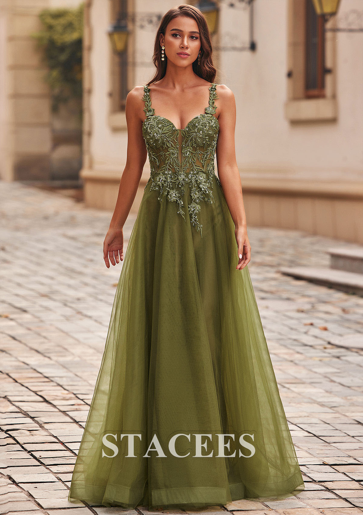 Celadon A-line V Neck Tulle Floor-Length Prom Dress with Appliqued Beading Sequins - STACEES