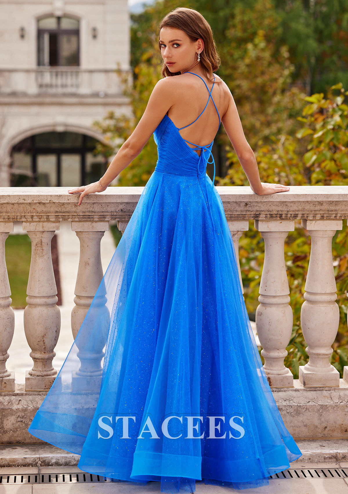 Ocean Blue A-line Princess V Neck Floor-Length Tulle Prom Dress with Glitter Pleated - STACEES