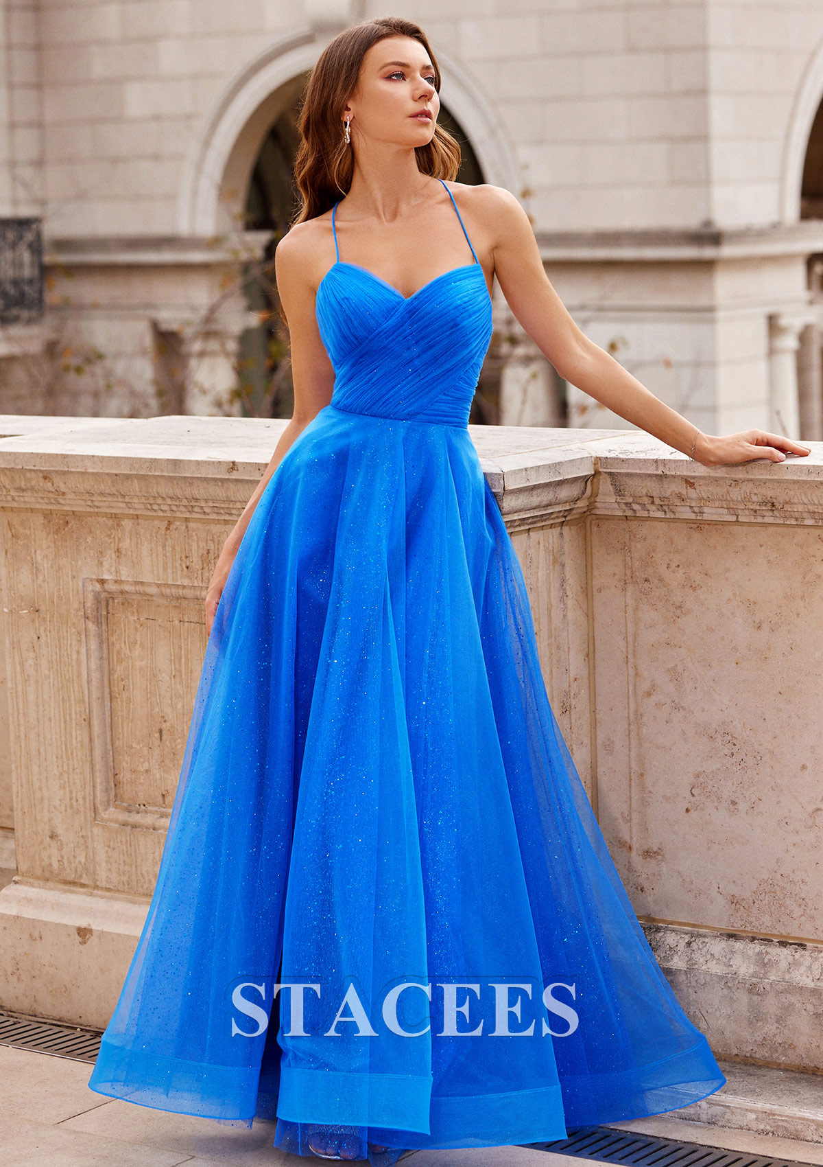 Ocean Blue A-line Princess V Neck Floor-Length Tulle Prom Dress with Glitter Pleated - STACEES