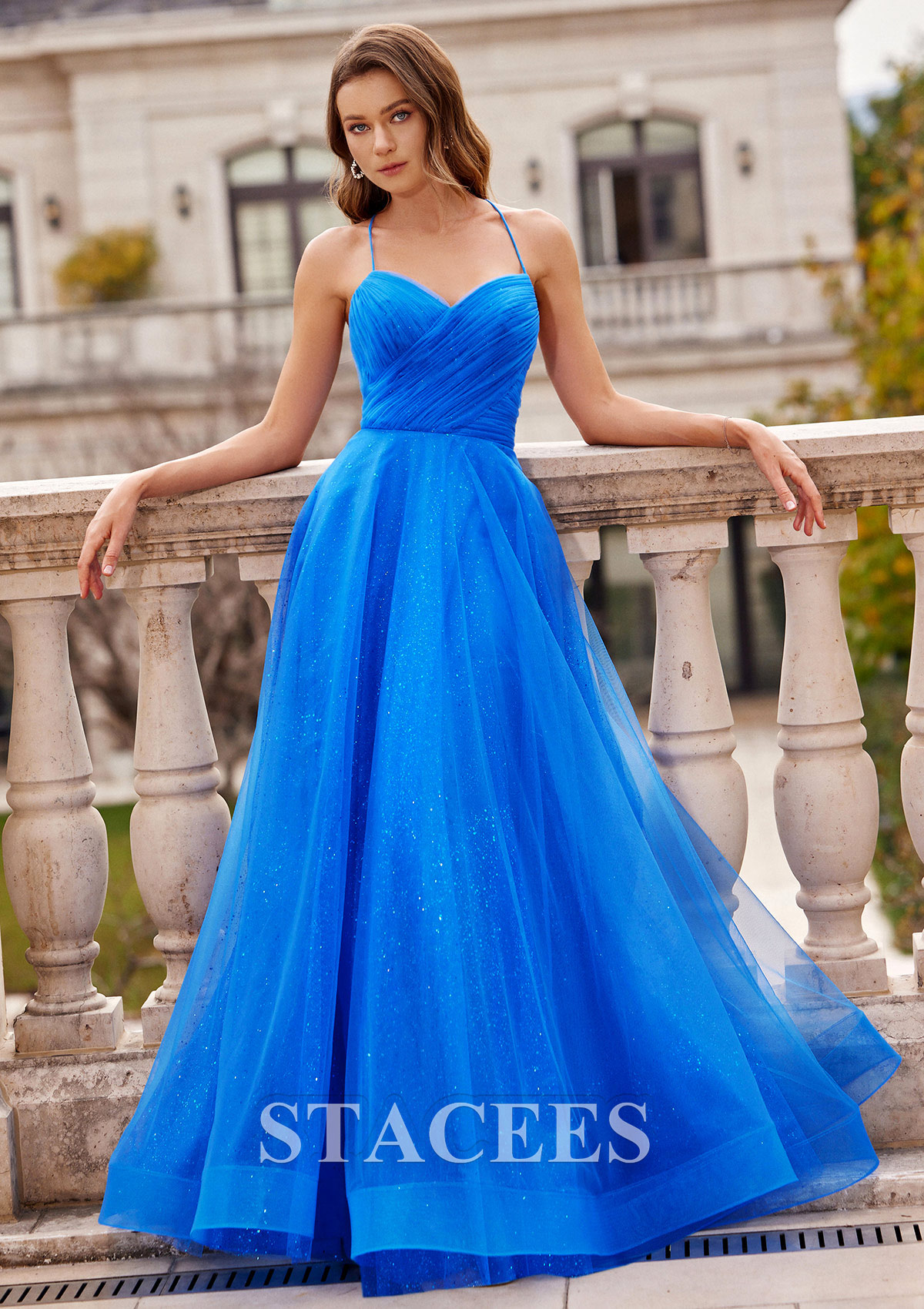 Ocean Blue A-line Princess V Neck Floor-Length Tulle Prom Dress with Glitter Pleated - STACEES