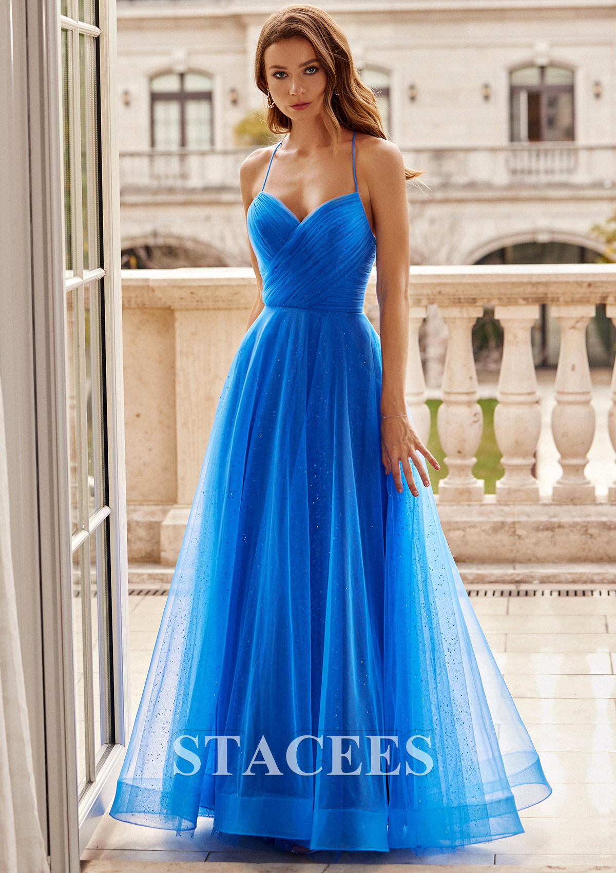 Ocean Blue A-line Princess V Neck Floor-Length Tulle Prom Dress with Glitter Pleated - STACEES