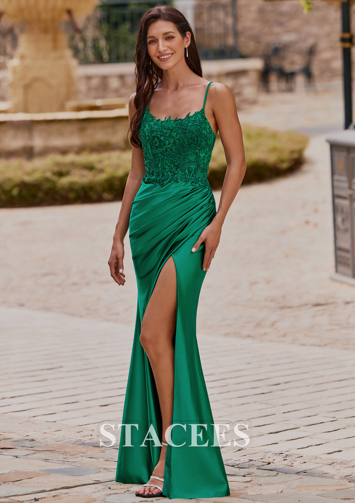 Vert Foncé Fourreau scoop soie comme du satin longueur ras du sol robe de bal avec appliqué perles - STACEES