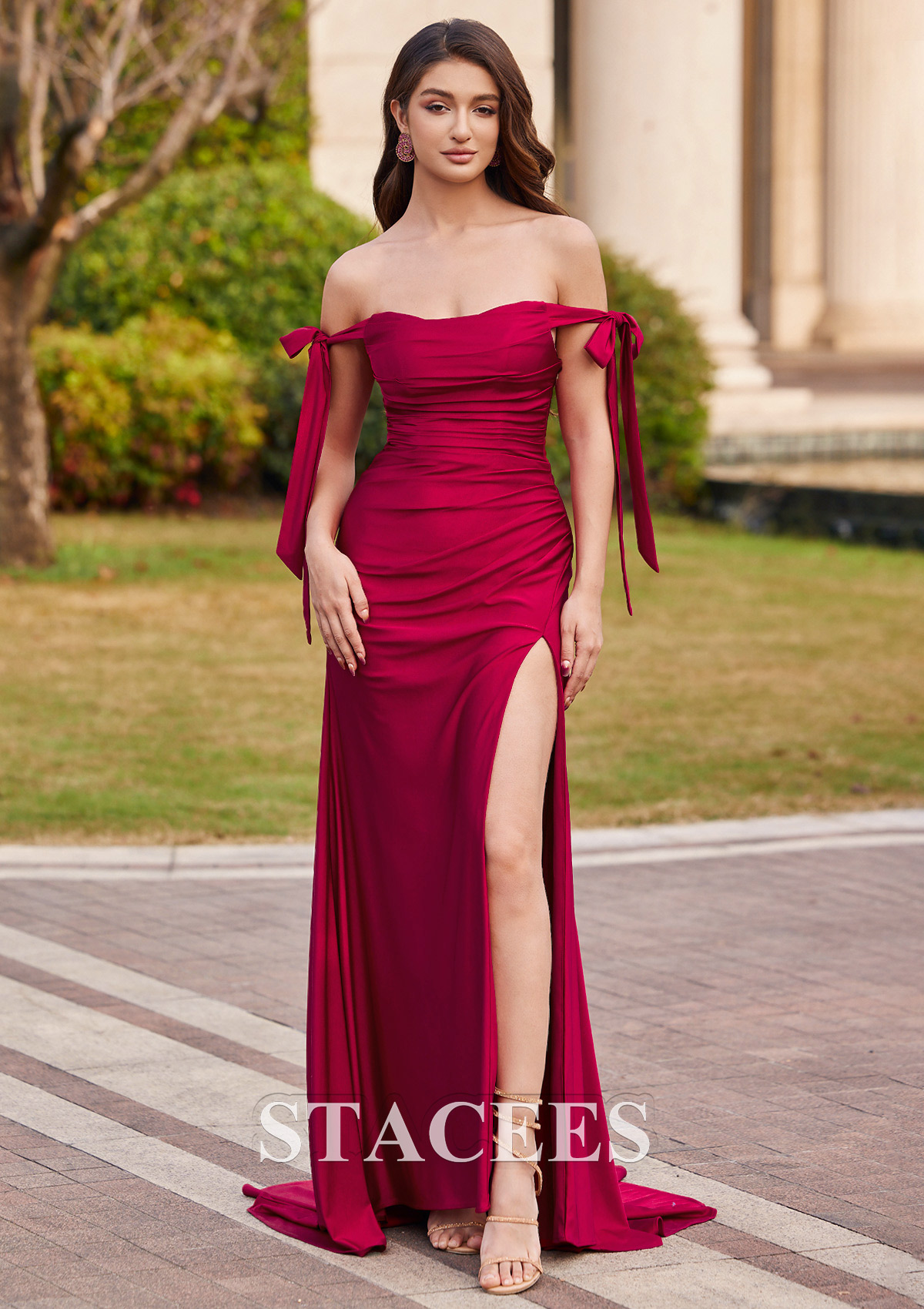 Burgundy Cubierta hombros descubiertos jersey barrer tren vestido de graduación - STACEES