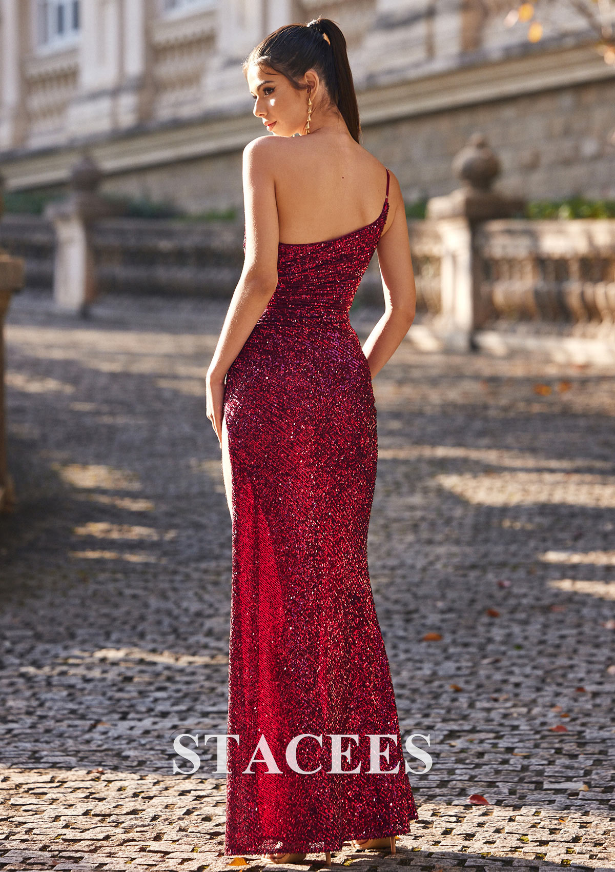 Burgundy Sheath/Column One-Shoulder Floor-Length Sequined Prom Dress with Split - STACEES