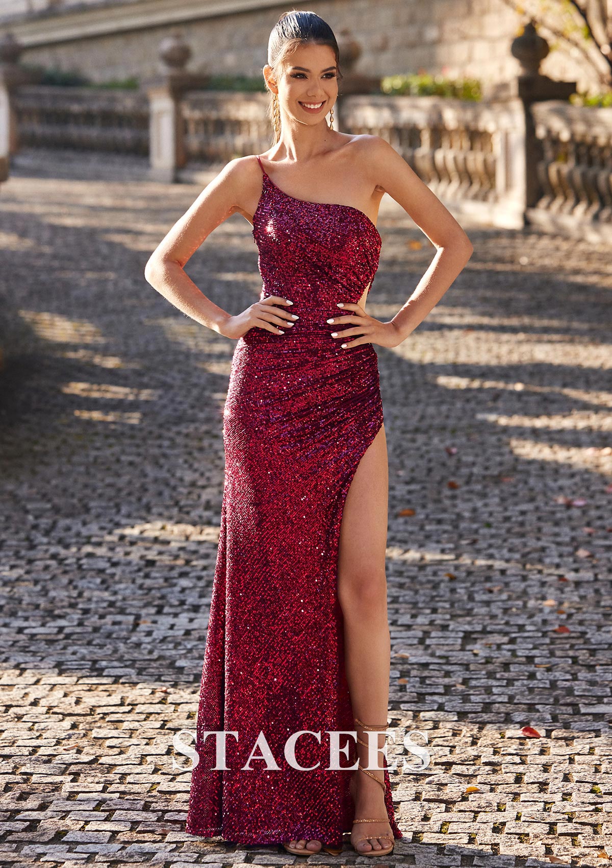 Burgundy Sheath/Column One-Shoulder Floor-Length Sequined Prom Dress with Split - STACEES