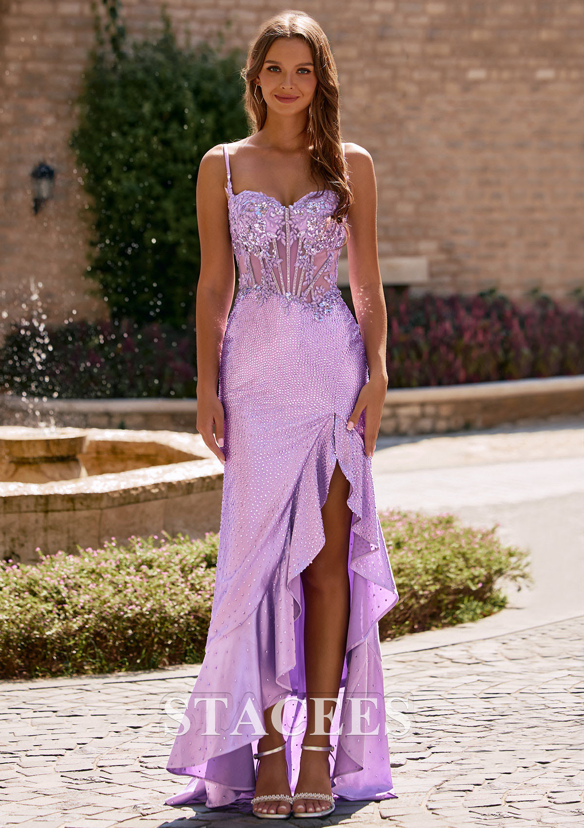 Lilac Fitted Embellished Sweetheart Corset Hot Fix Ruffle Prom Dress with Slit - STACEES