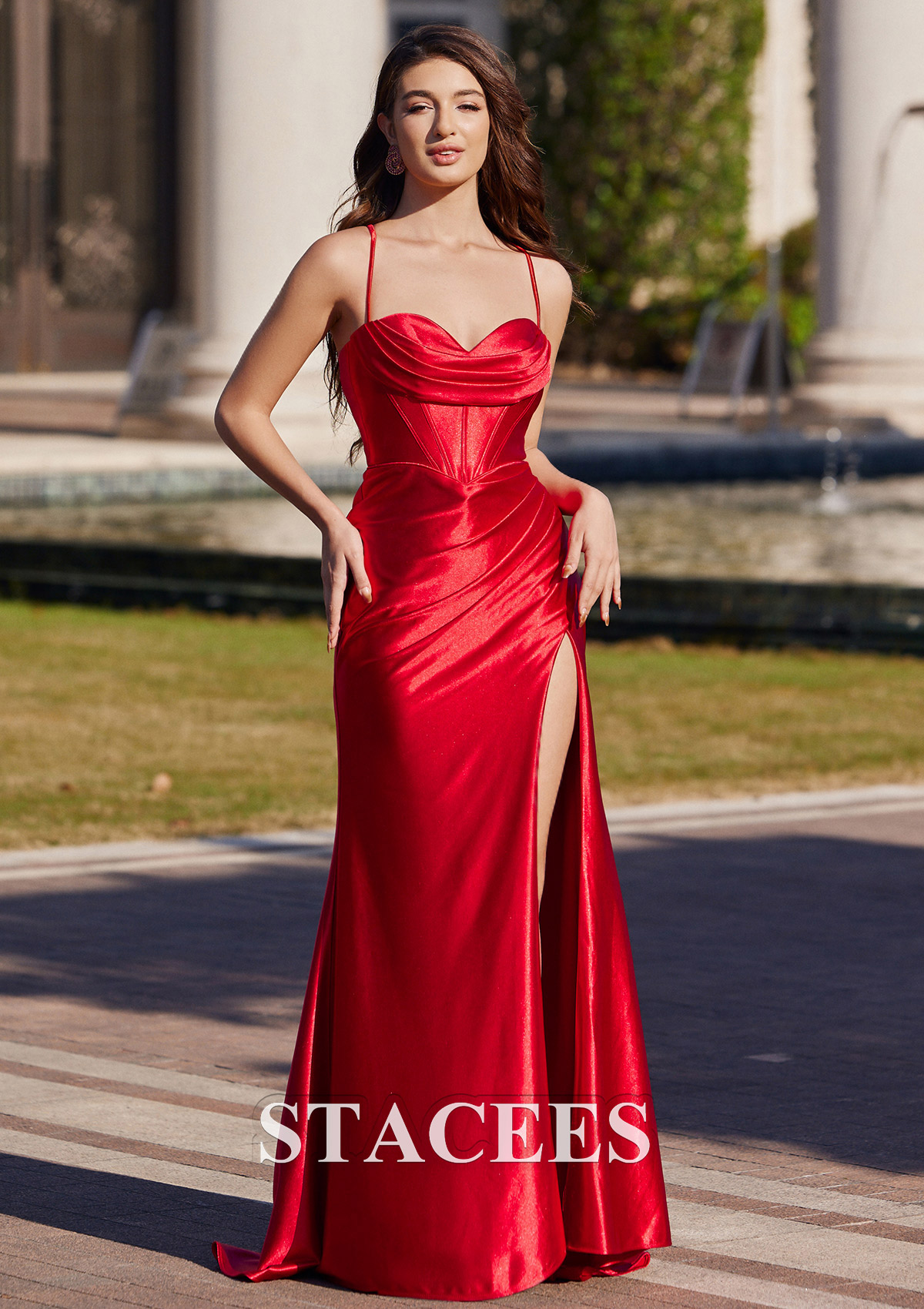 Red Sheath/Column Sweetheart Sweep Train Silk like Satin Prom Dress with Pleated Split - STACEES