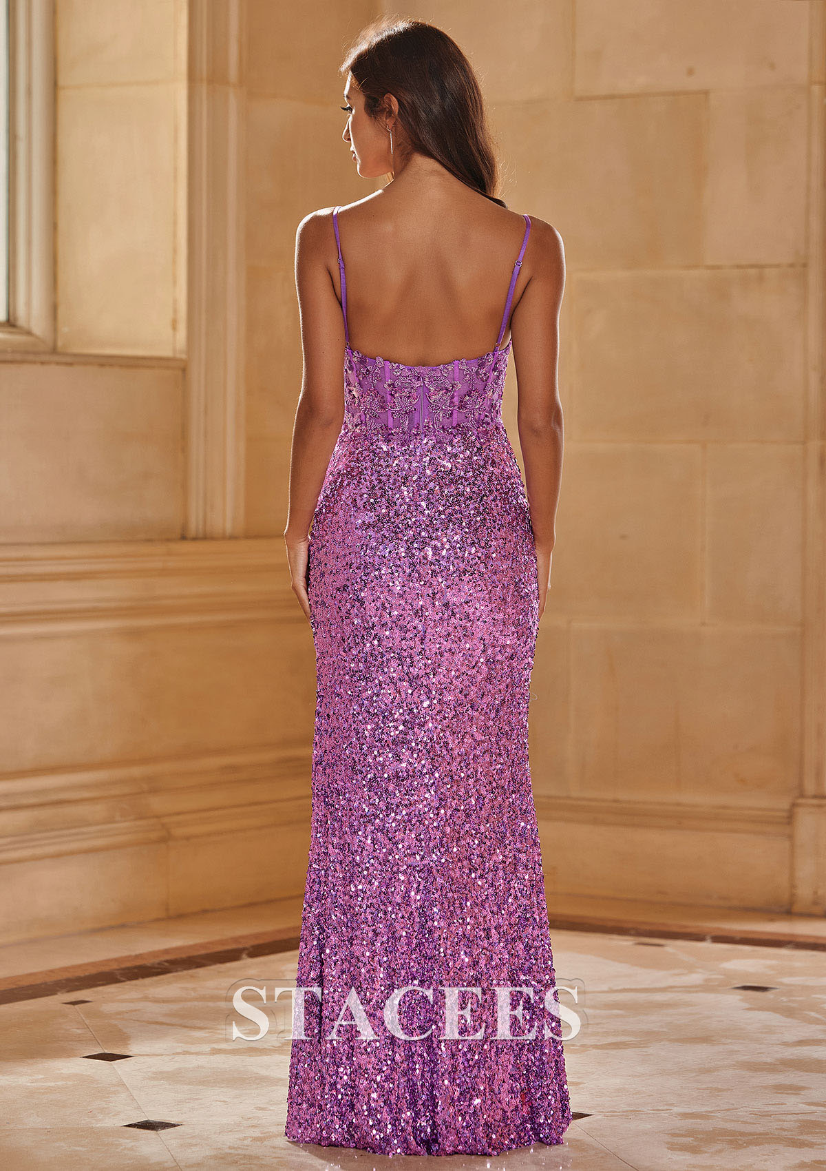 Lilac Sheath Machine Sequins Lace Appliqued Corset Prom Dress with Slit - STACEES