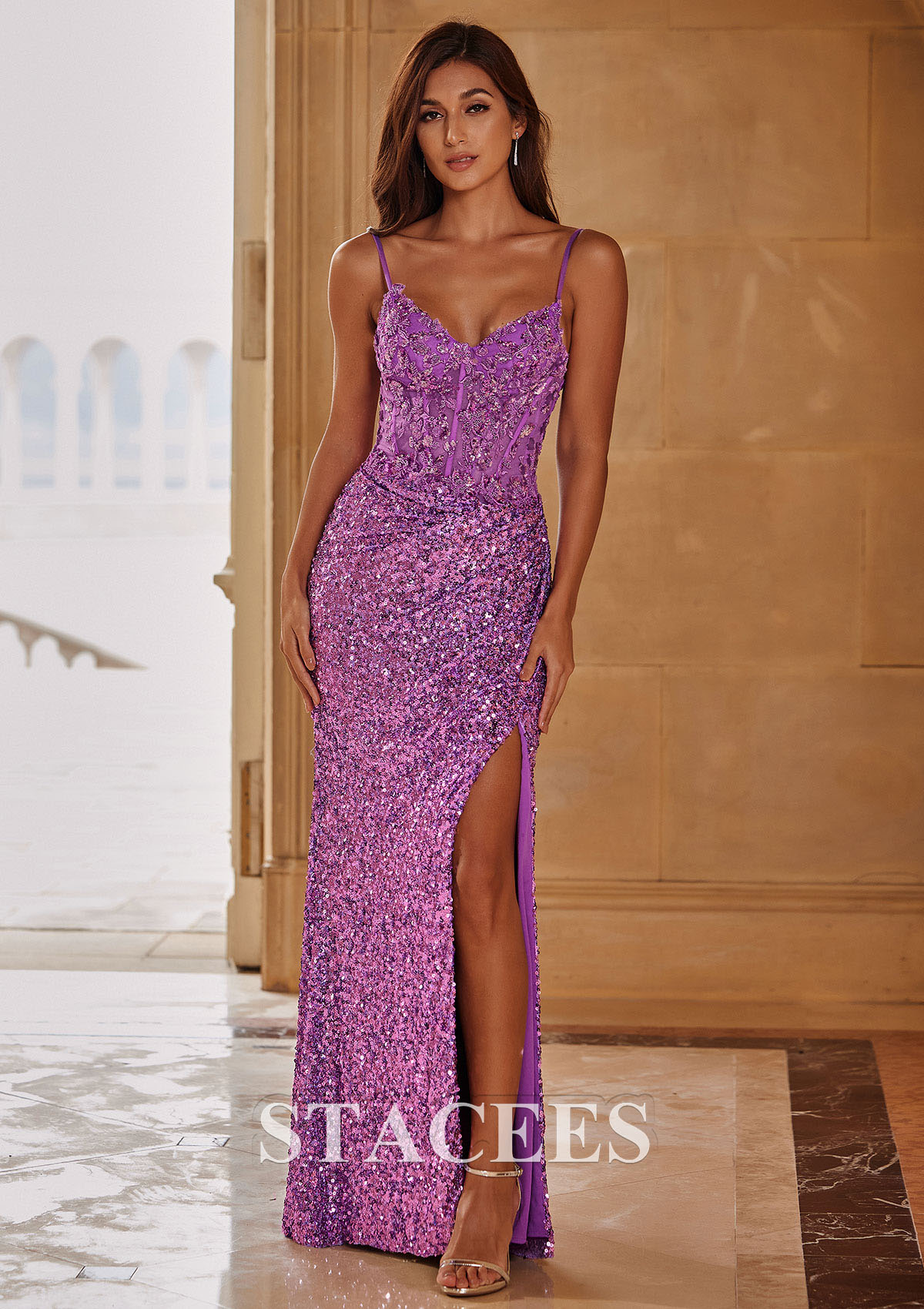 Lilac Sheath Machine Sequins Lace Appliqued Corset Prom Dress with Slit - STACEES
