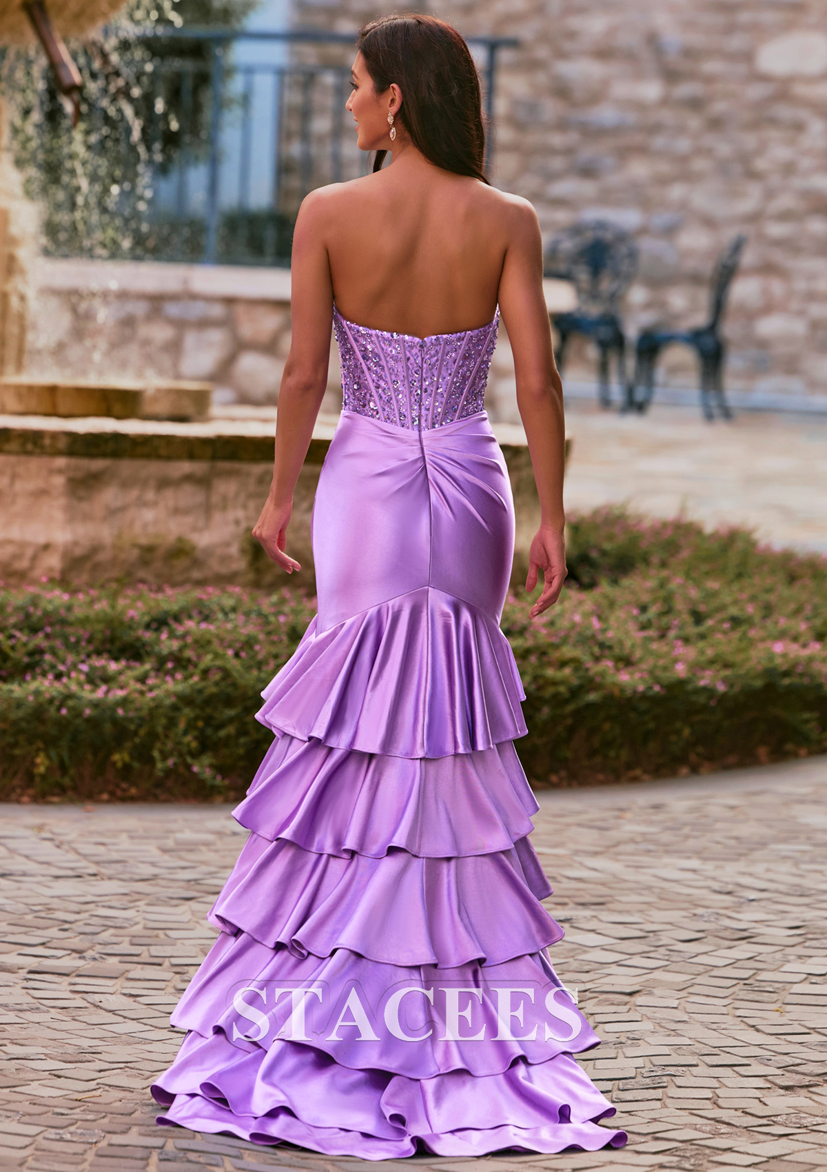 Lilas Trumpette/Sirène bateau soie comme du satin traîne balayage robe de bal avec volants paillettes fendue - STACEES