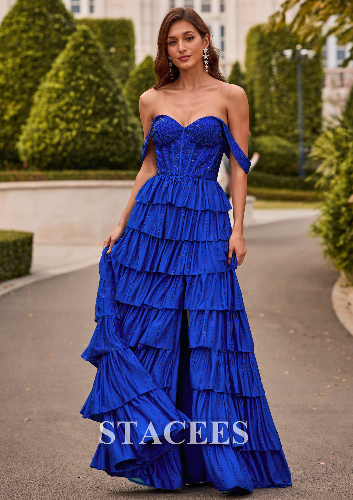 Bleu Océan Trapèze épaule dénudée jersey longueur ras du sol robe de bal  - STACEES