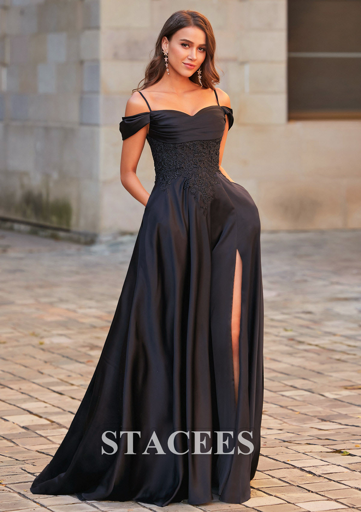 Black A-line Off-the-Shoulder Slit Sweep Train Prom Dress with Appliques Lace - STACEES