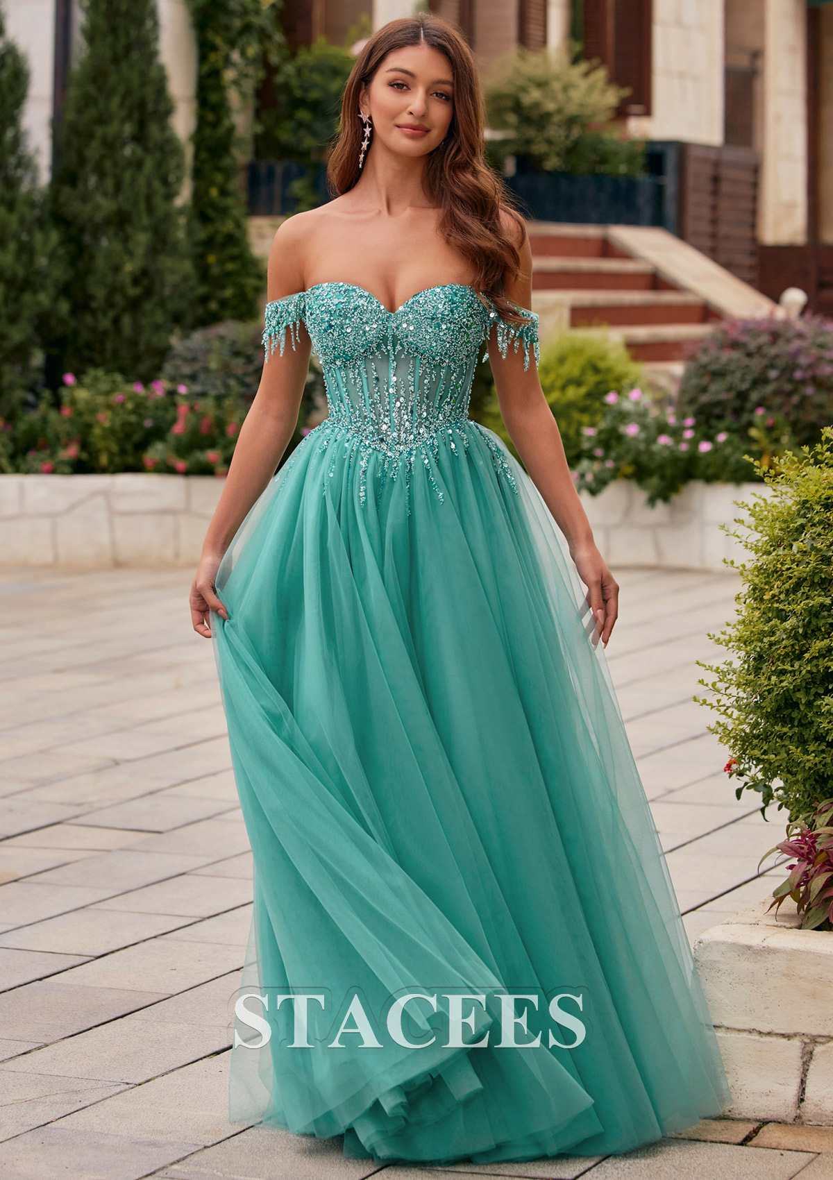As picture Beaded Sequins Tassel Off-Shoulder Corset A-Line Prom Dress - STACEES