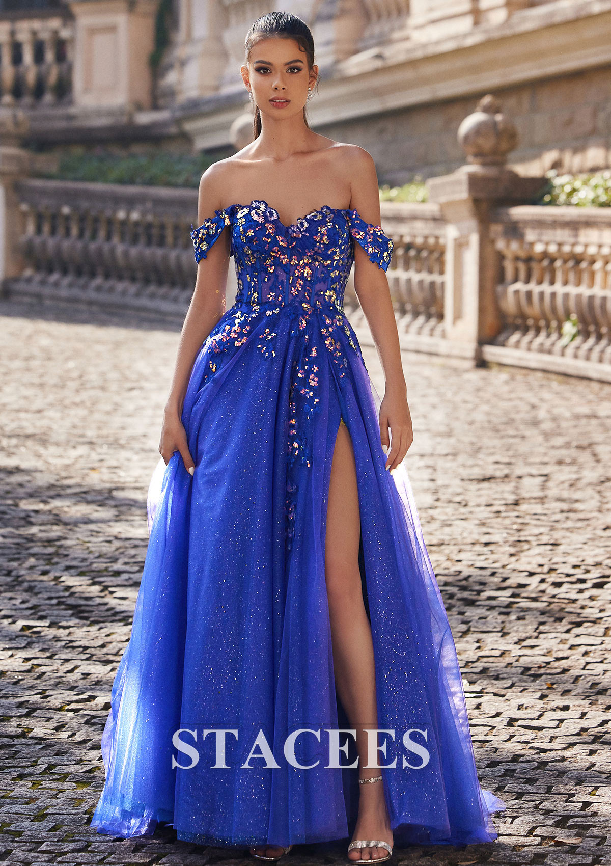 Royal Blue A-line Princess Off-the-Shoulder Sweep Train Tulle Prom Dress with Appliqued Sequins Split Glitter - STACEES