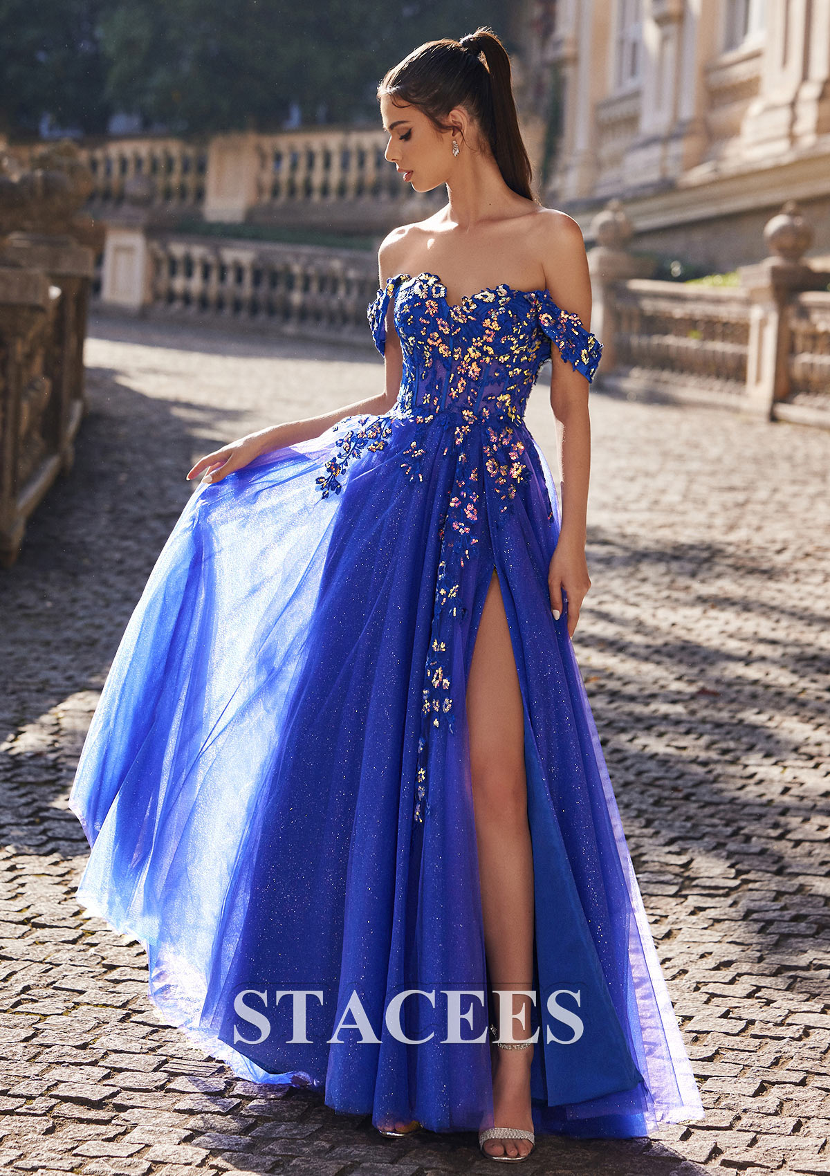 Royal Blue A-line Princess Off-the-Shoulder Sweep Train Tulle Prom Dress with Appliqued Sequins Split Glitter - STACEES