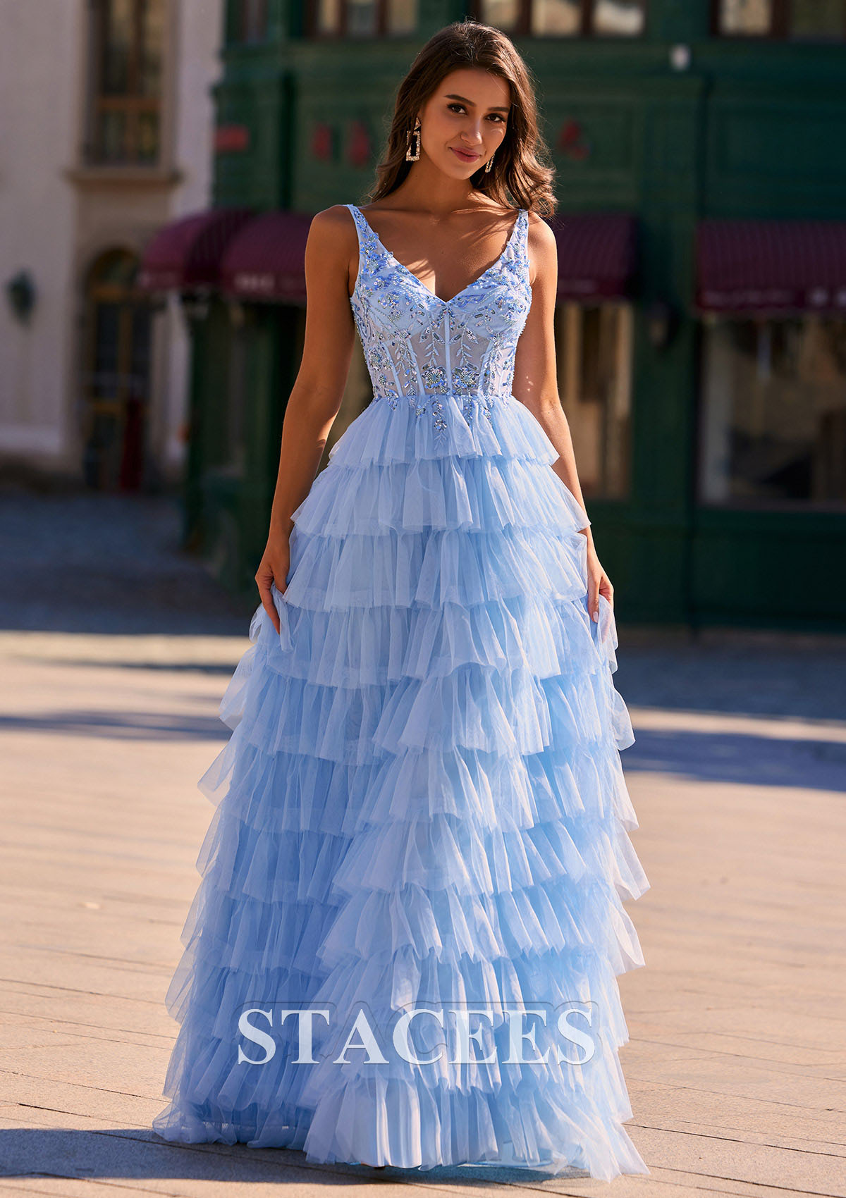 Sky Blue A-line Sequined Applique V Neck Tiered Ruffled Tulle Prom Dress - STACEES