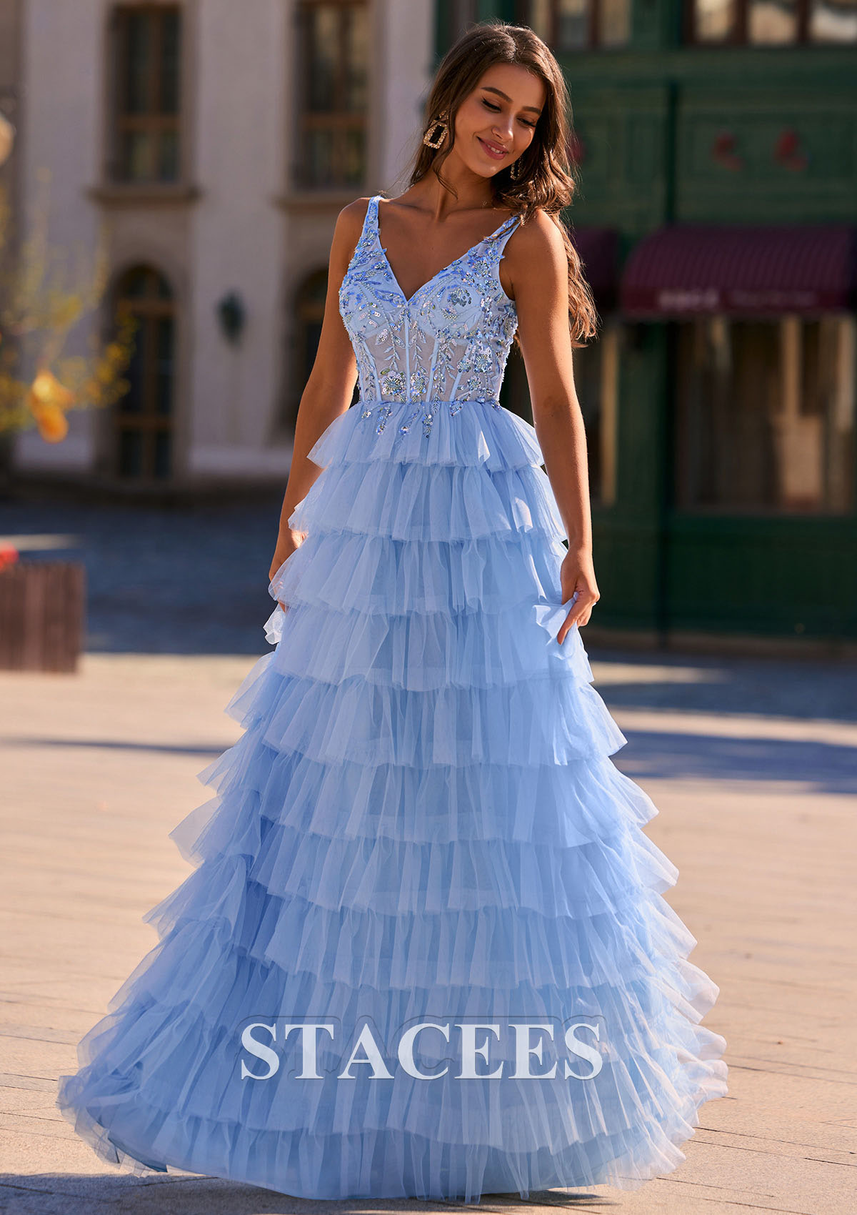 Sky Blue A-line Sequined Applique V Neck Tiered Ruffled Tulle Prom Dress - STACEES