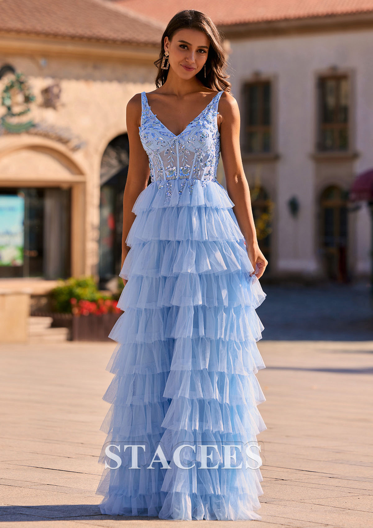 Sky Blue A-line Sequined Applique V Neck Tiered Ruffled Tulle Prom Dress - STACEES