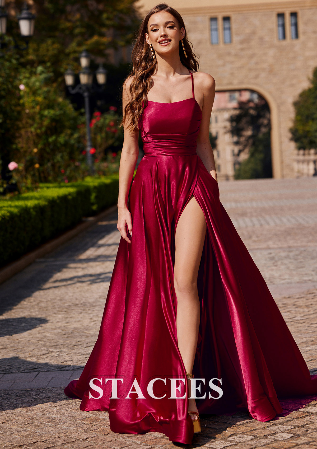 Burgundy Vestido línea a cuello cuadrado tela charmeuse barrer tren vestido de graduación - STACEES