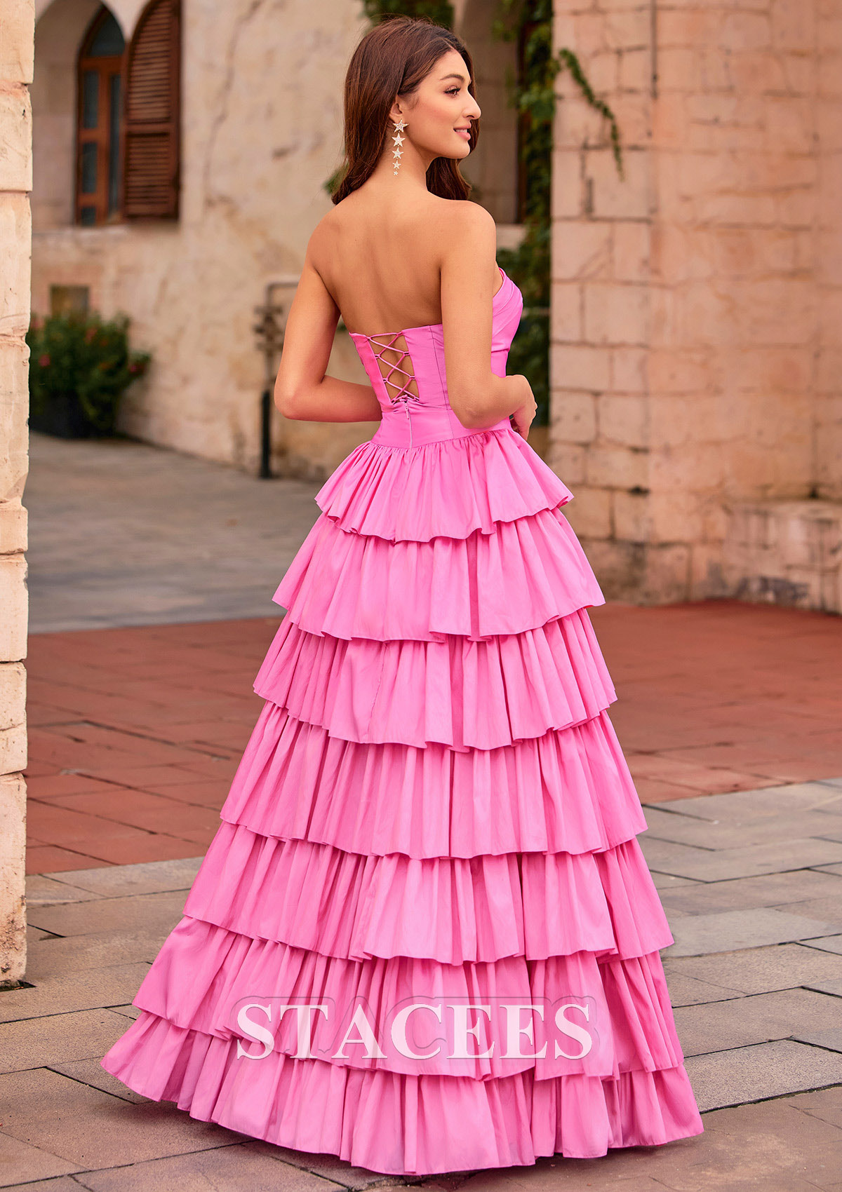 Candy pink A-line Strapless Tiered Ruffle Taffeta Backless Prom Dress with Slit - STACEES