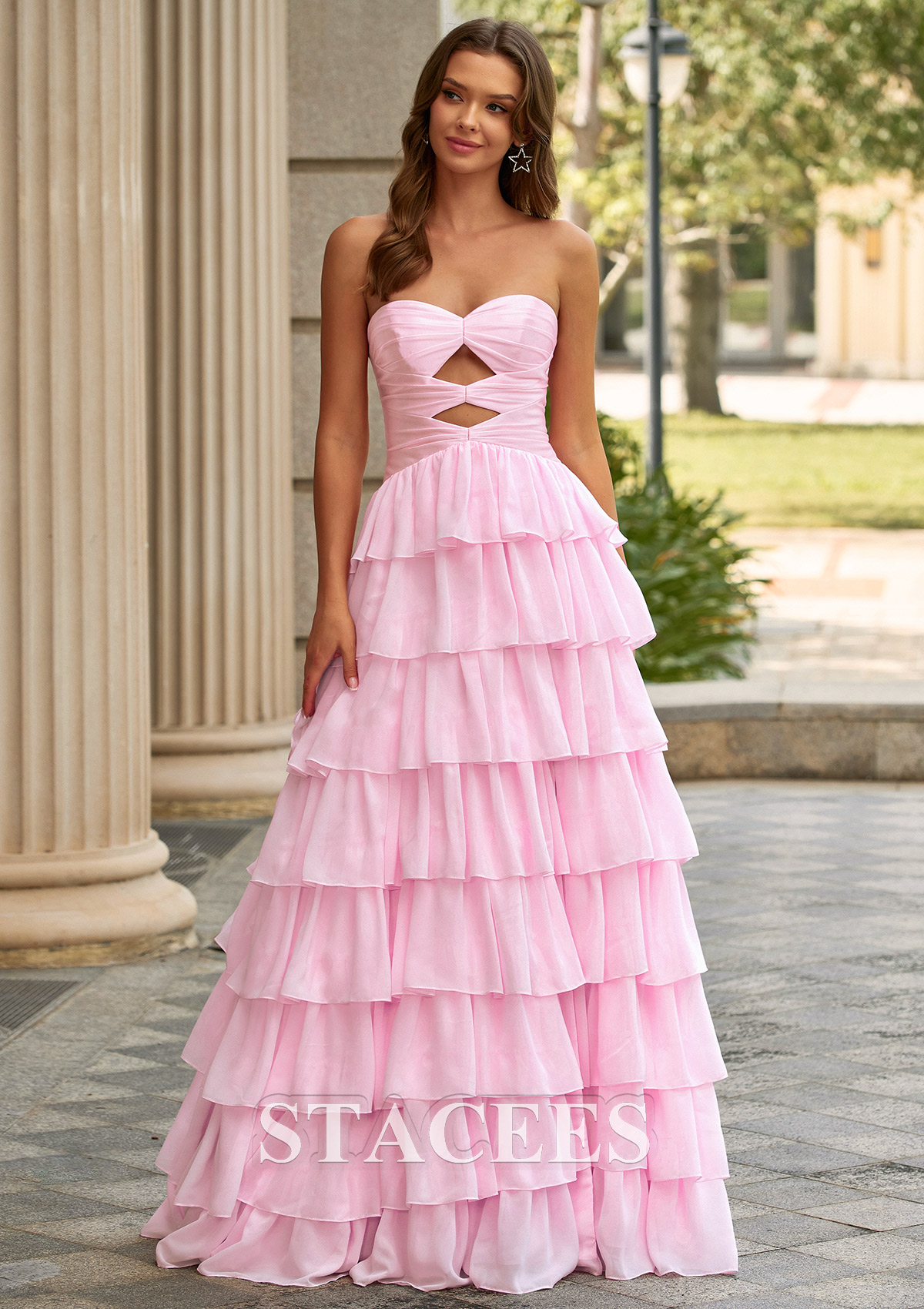 Blushing Pink A-Line Strapless Cutout Corset Tiered Ruffle Prom Dress - STACEES