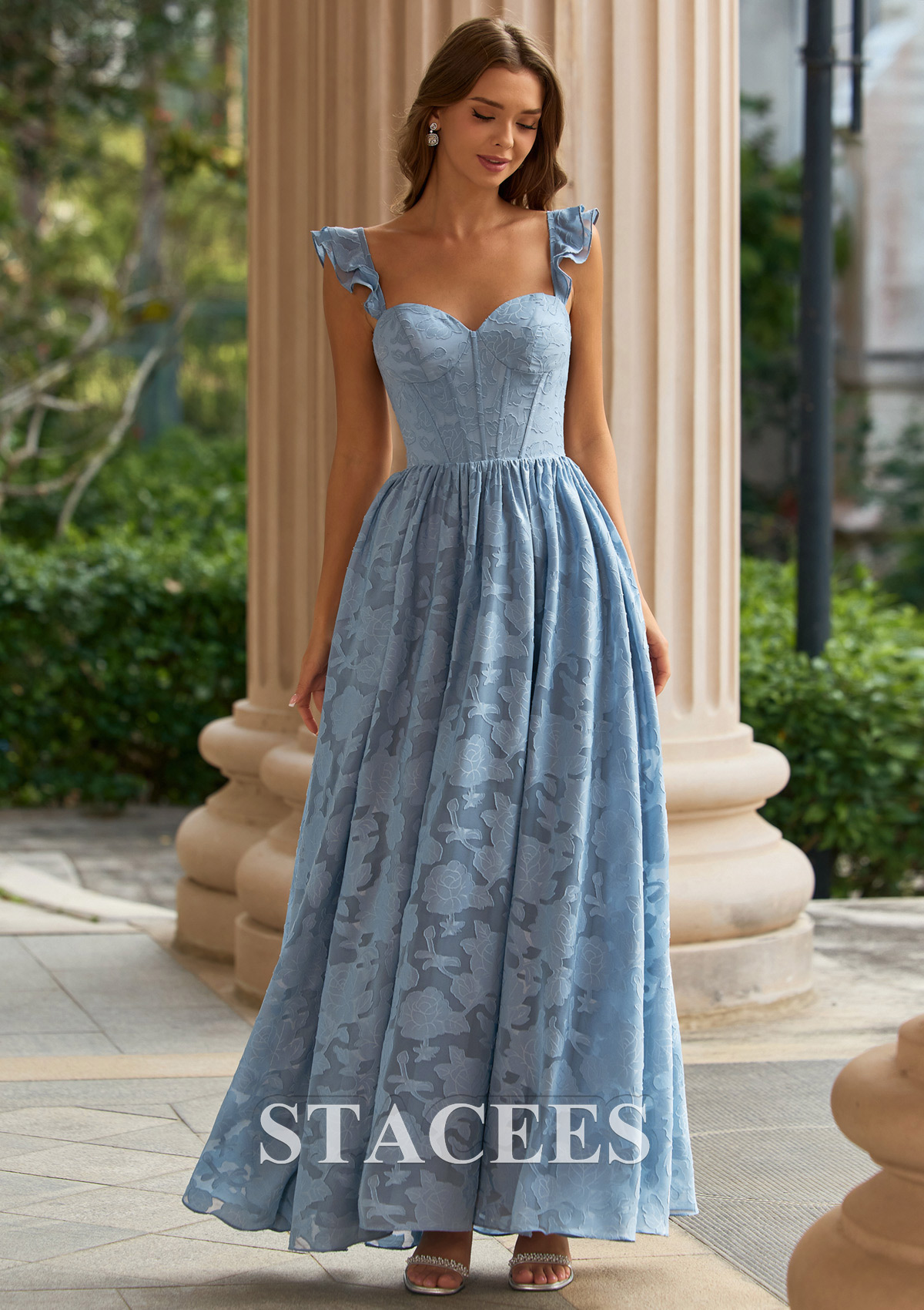 Bleu Poudré Trapèze cache coeur jacquard longueur ras du sol robe de bal avec plissé volants - STACEES