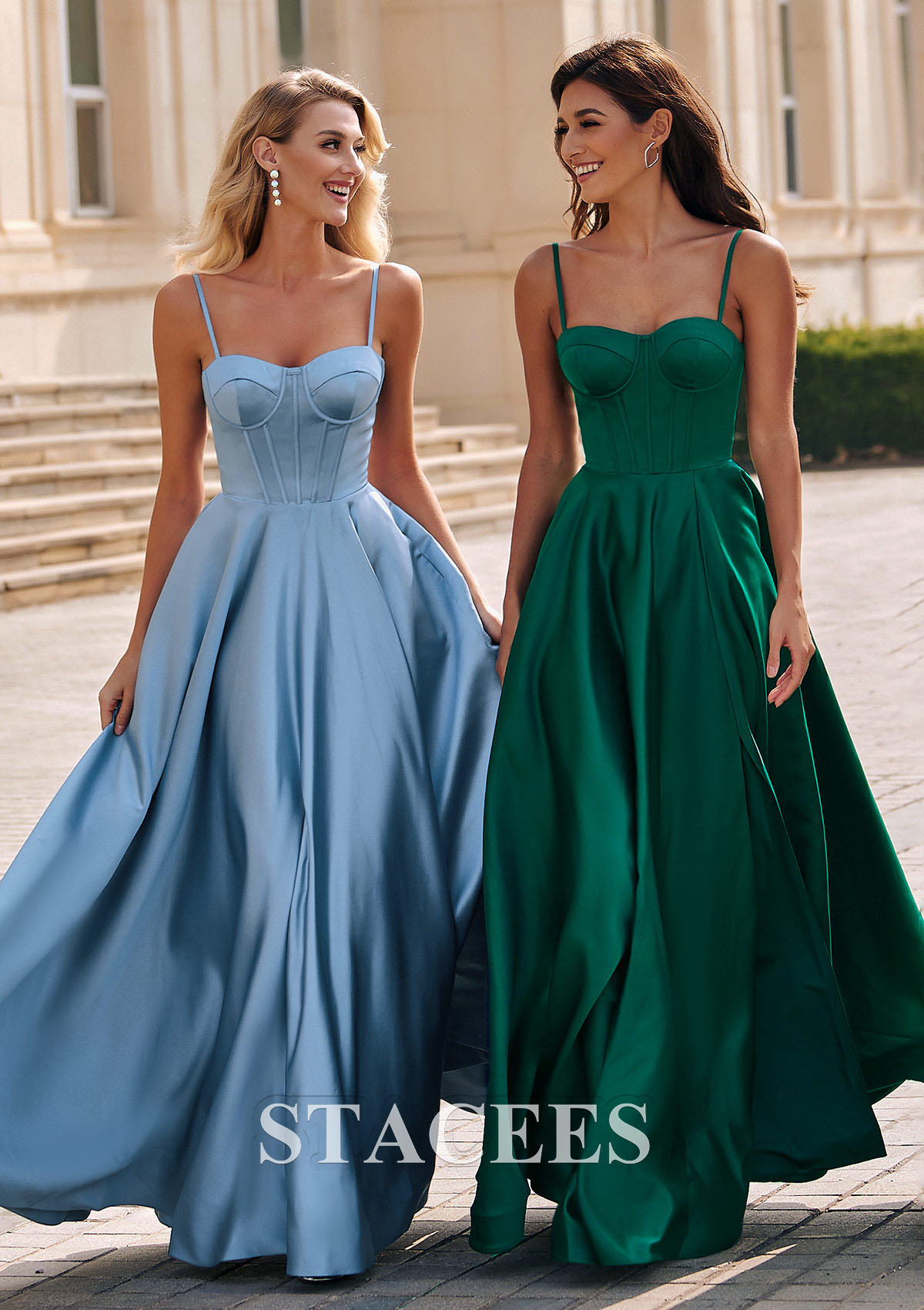 Dusty Blue A-line Spaghetti Straps Satin Corset Slit Prom Dress - STACEES