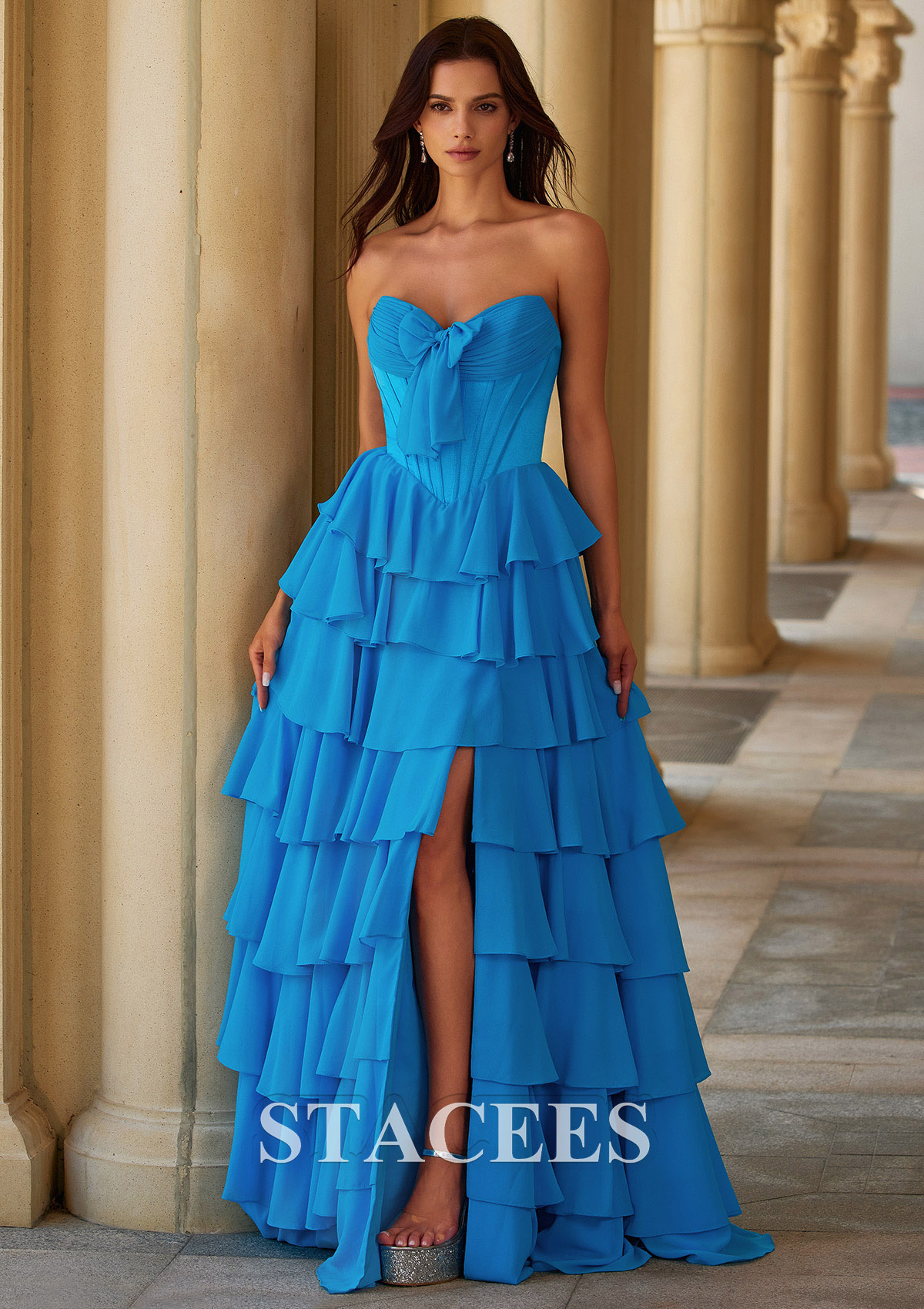 Bleu Trapèze cache coeur satin longueur ras du sol robe de bal avec volants noeuds papillons - STACEES