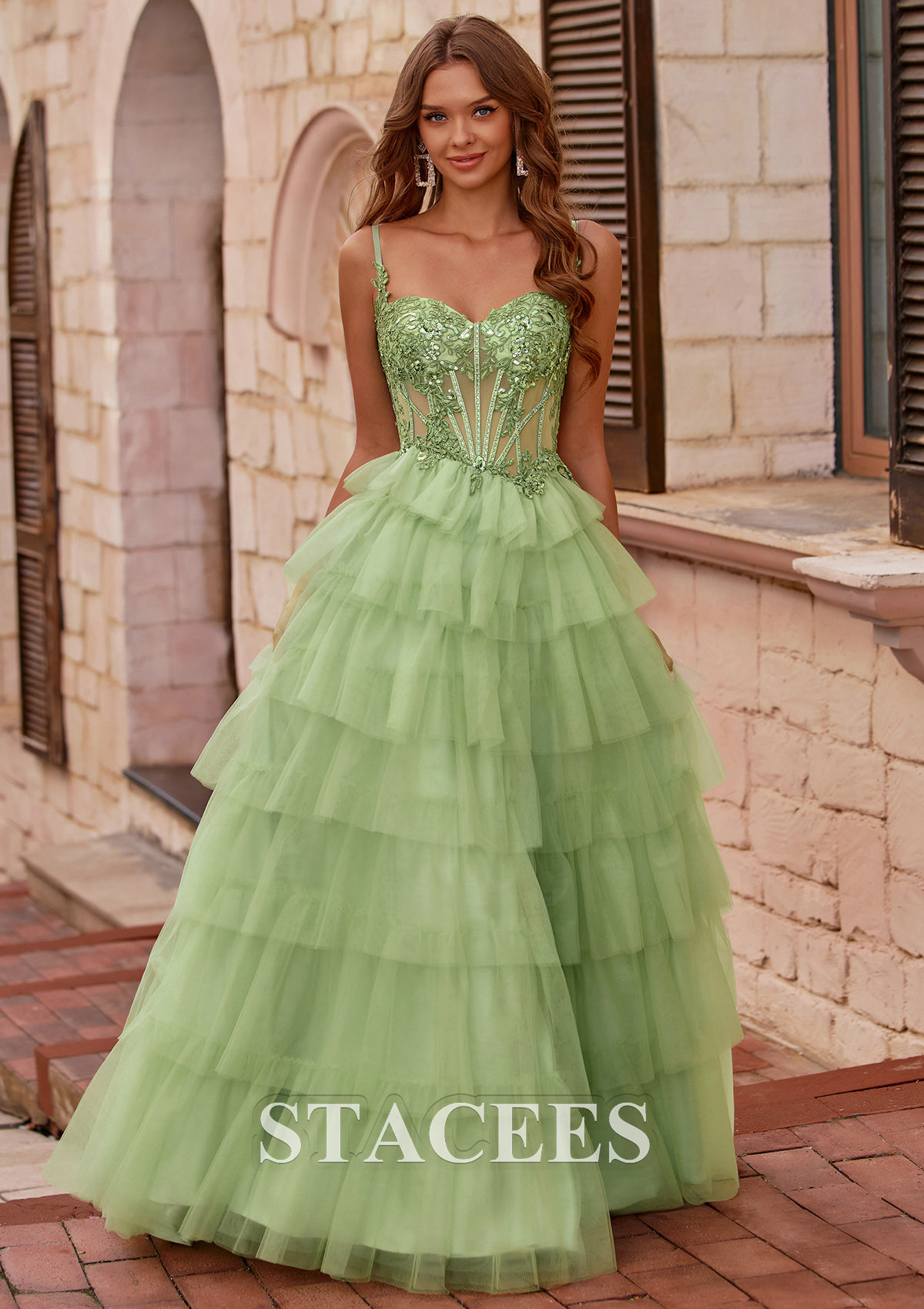 Salvia Vestido línea a cuello de corazón tul cola de barrido vestido de graduación - STACEES