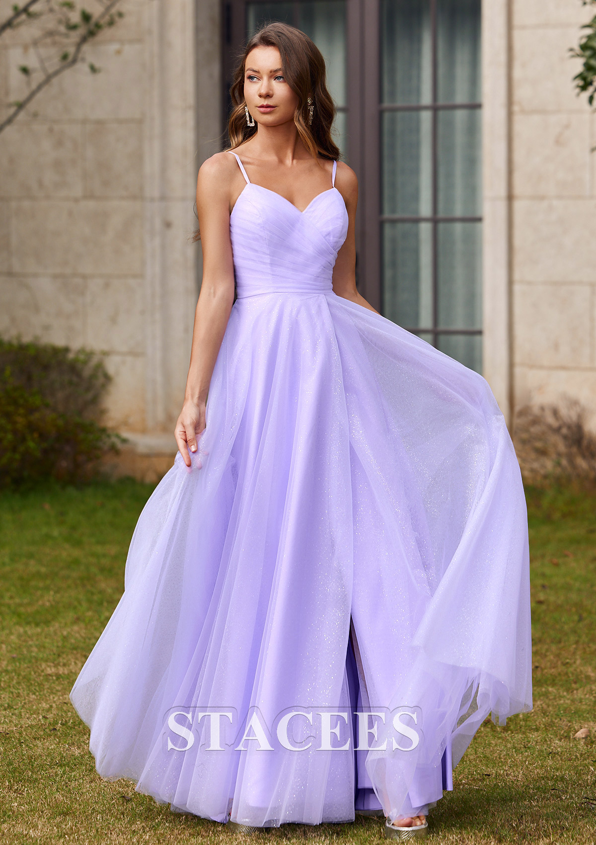 Lila Vestido línea a escote en v tul hasta el suelo vestido de graduación - STACEES