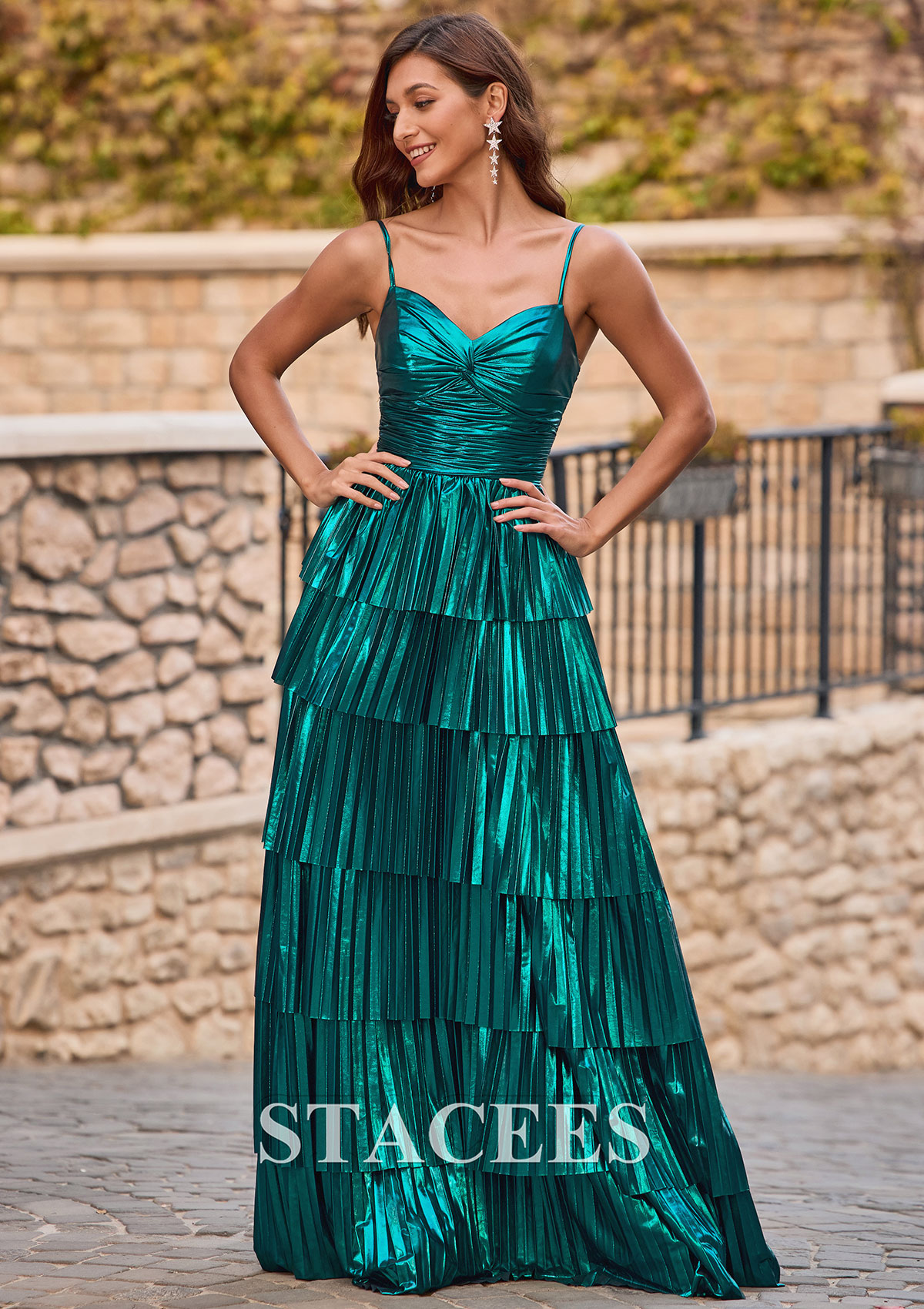 Teal A-line Metallic Tiered Pleated Ruffle Prom Dress V Neck - STACEES