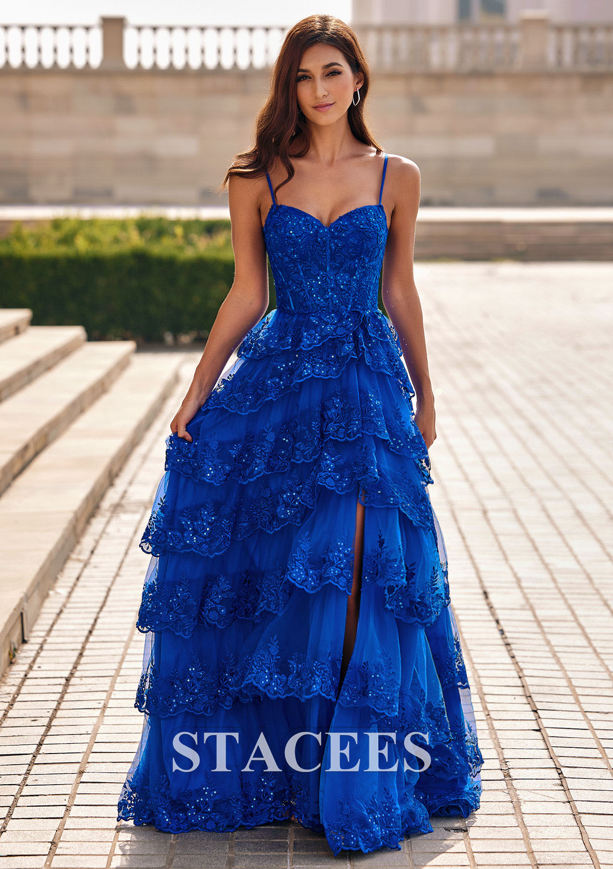 Ocean Blue Vestido línea a escote en v tul cepillo tren vestido de graduación - STACEES