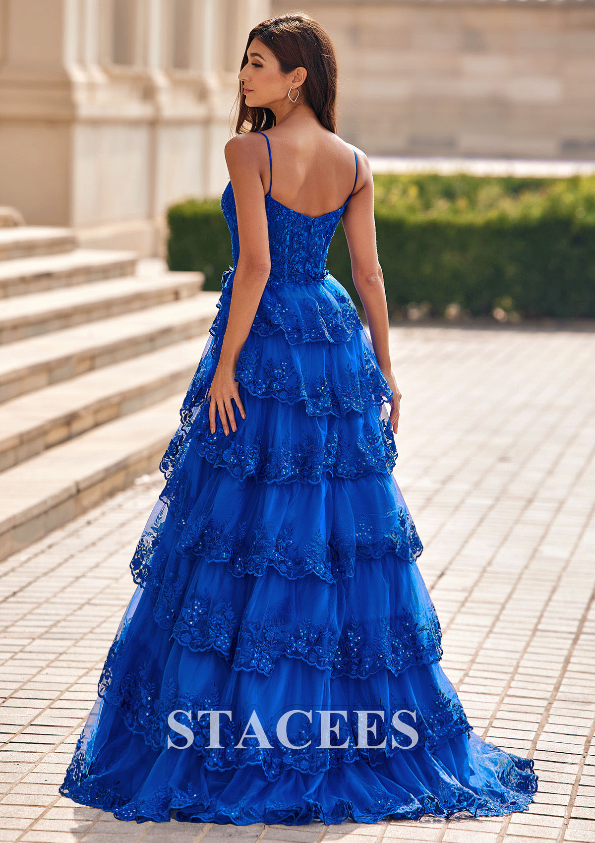 Ocean Blue Vestido línea a escote en v tul cepillo tren vestido de graduación - STACEES