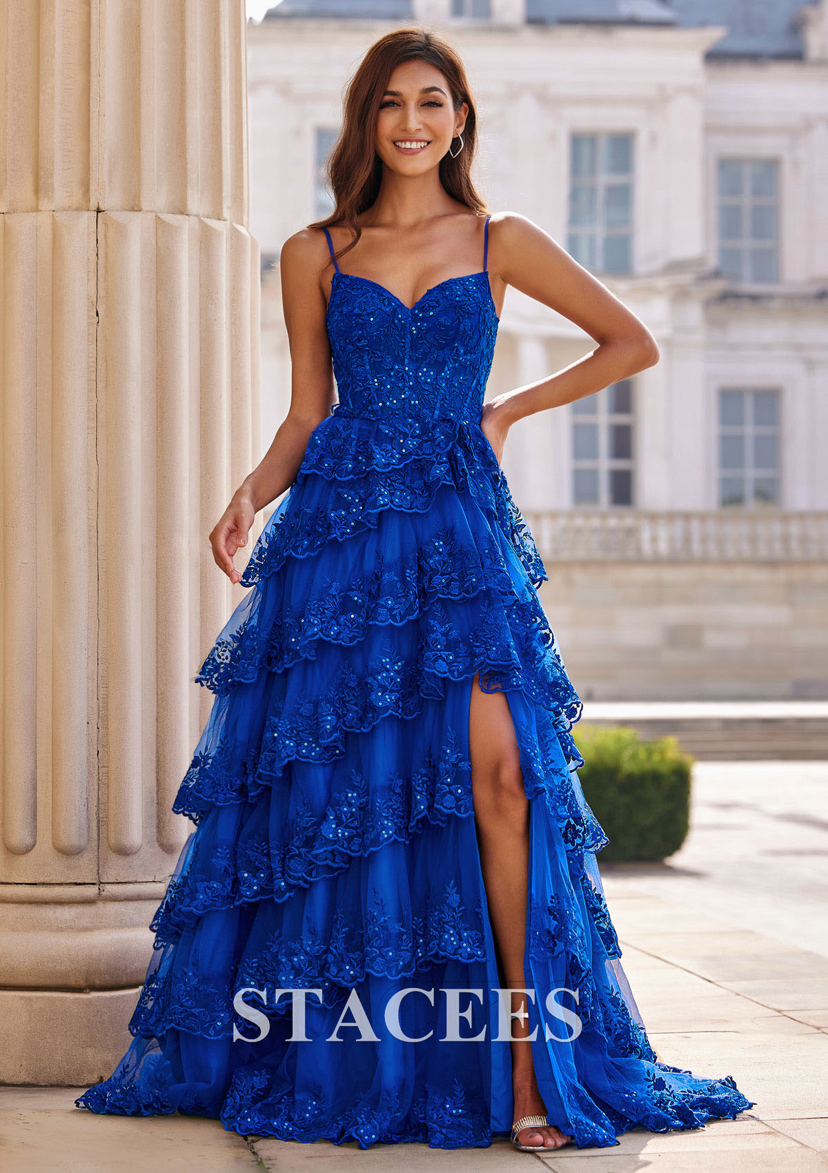 Ocean Blue Vestido línea a escote en v tul cepillo tren vestido de graduación - STACEES