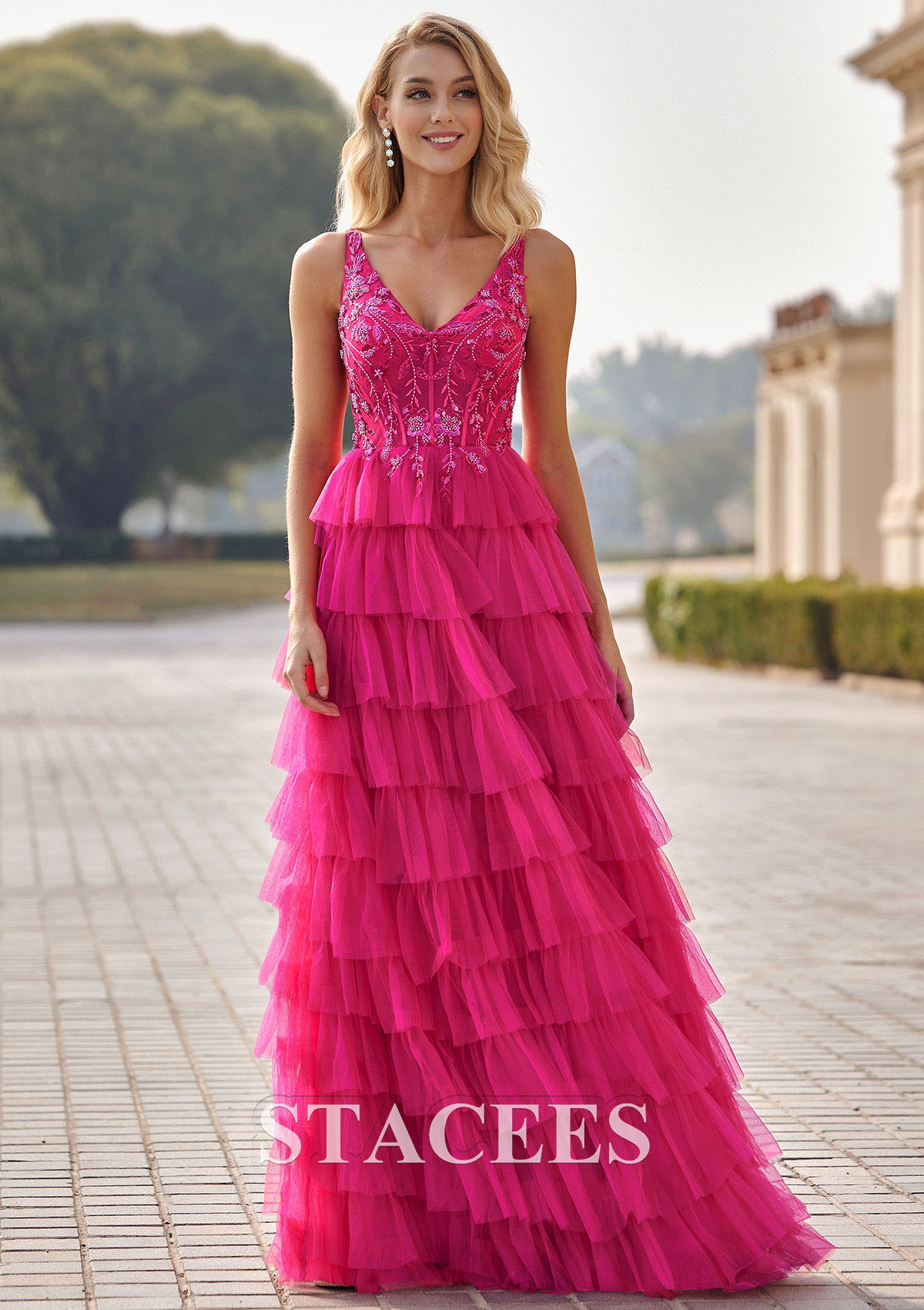 Magenta Dramatic Tiered A-line Prom Dress with Elaborate Sequin Bodice - STACEES