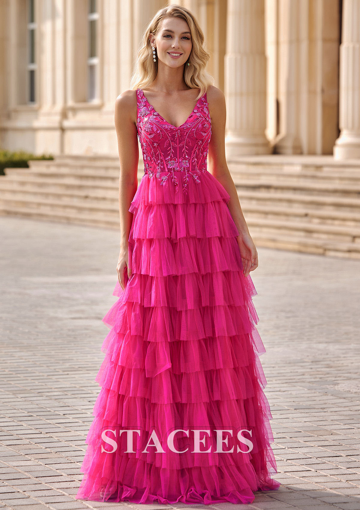 Magenta Dramatic Tiered A-line Prom Dress with Elaborate Sequin Bodice - STACEES