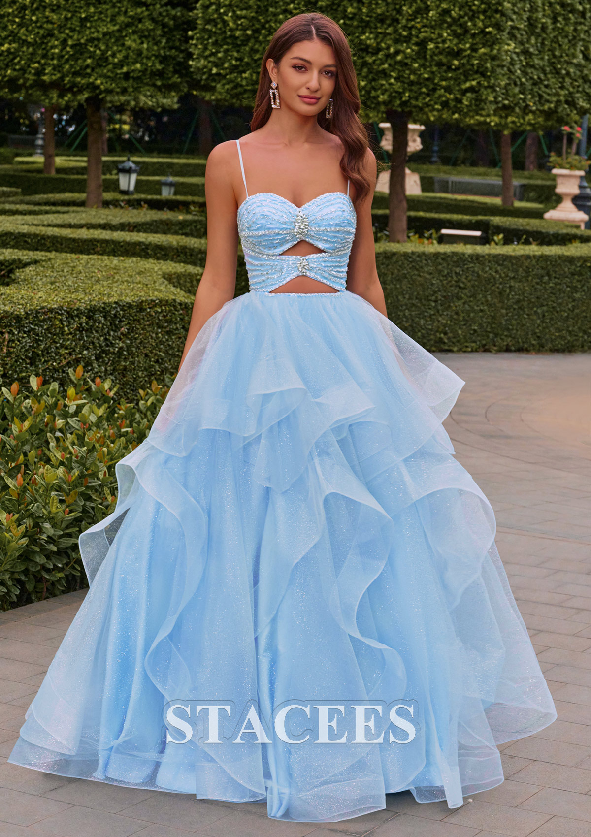 Azul Cielo Vestido de gala cuello de corazón tul hasta el suelo vestido de graduación - STACEES