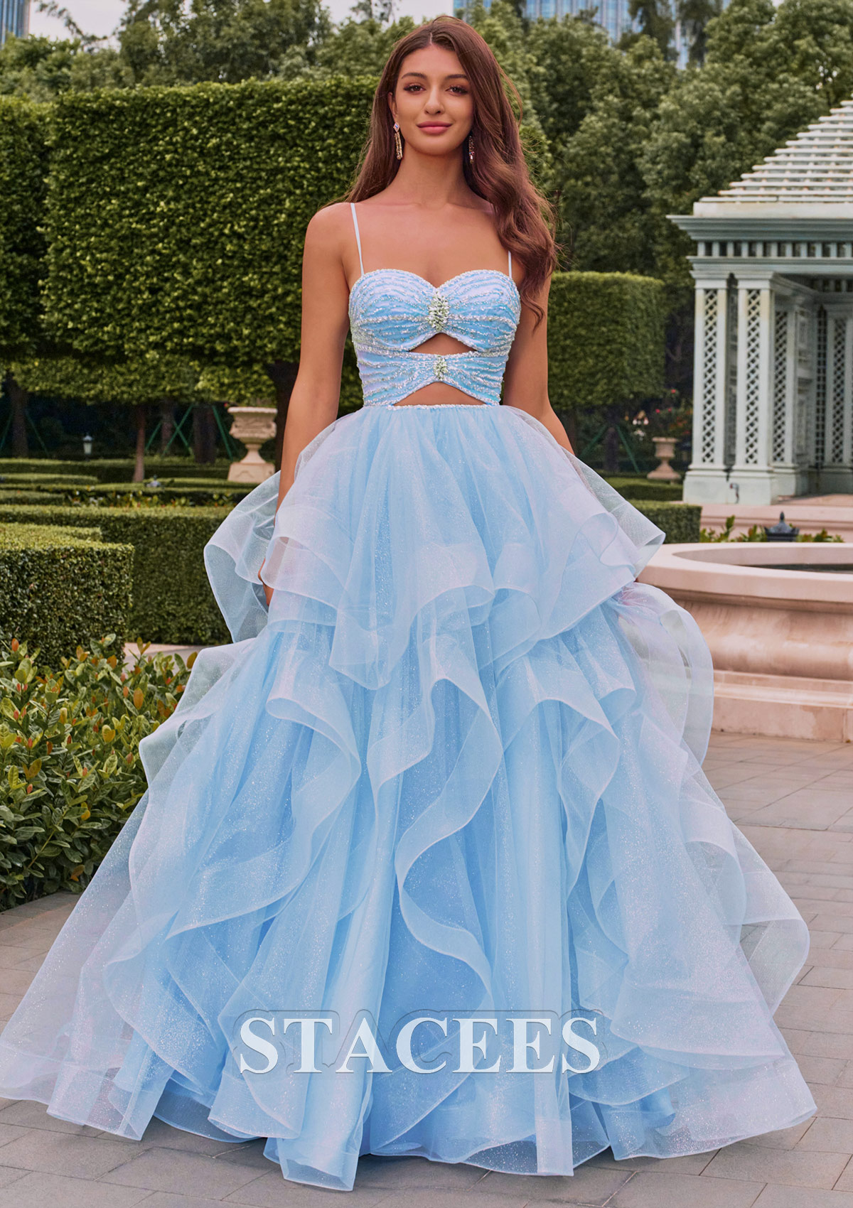 Azul Cielo Vestido de gala cuello de corazón tul hasta el suelo vestido de graduación - STACEES