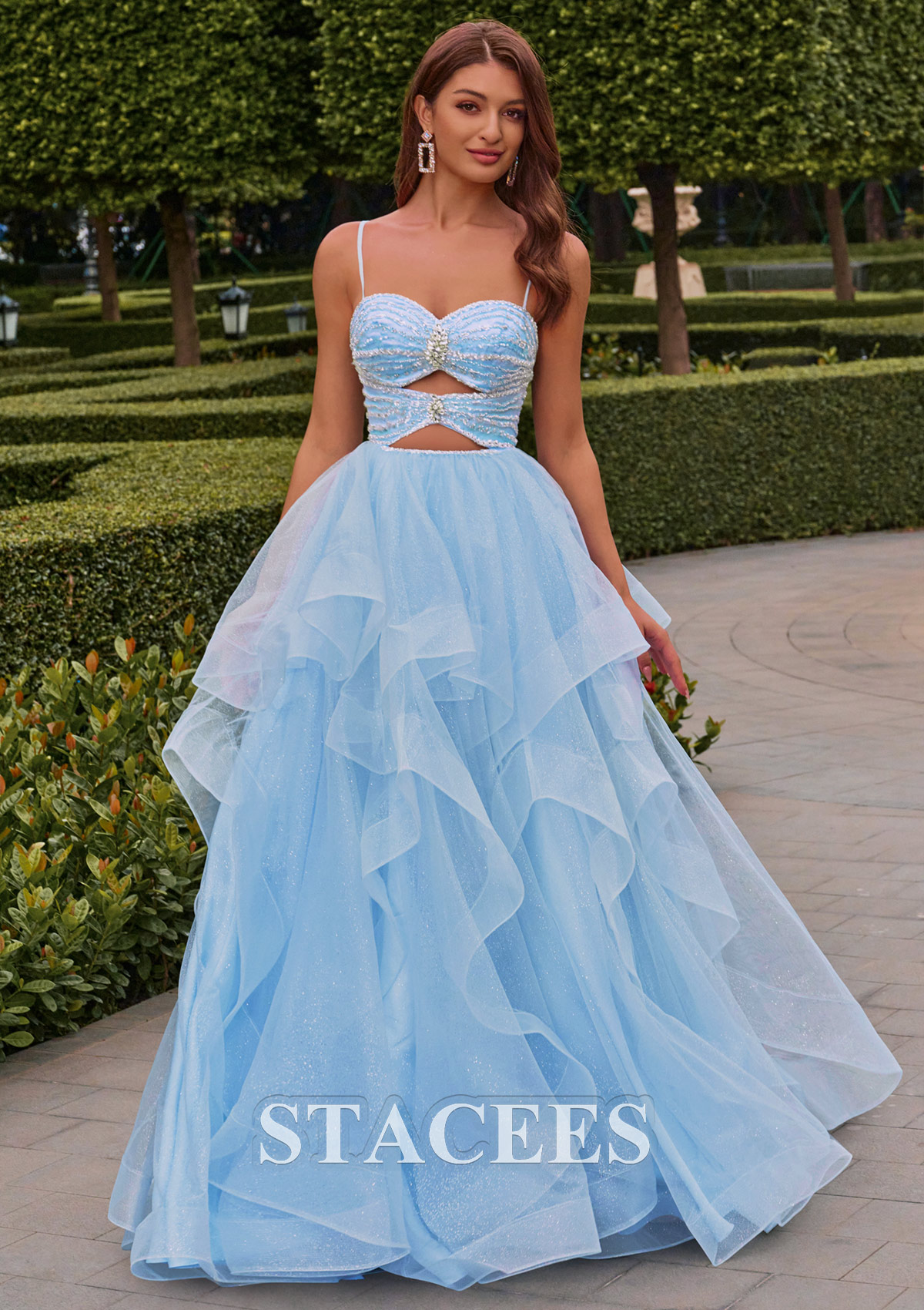 Azul Cielo Vestido de gala cuello de corazón tul hasta el suelo vestido de graduación - STACEES