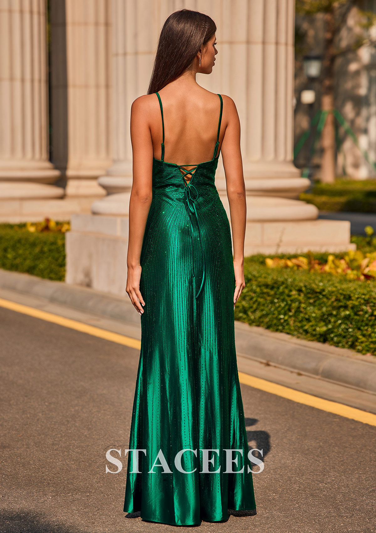 Vert Foncé Fourreau col en v soie comme du satin longueur ras du sol robe de bal - STACEES