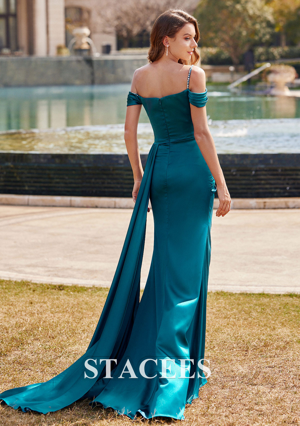 Ink Blue Trumpet/Mermaid Cowl Neck Sweep Train Satin Prom Dress with Beading Pleated Side Draping - STACEES